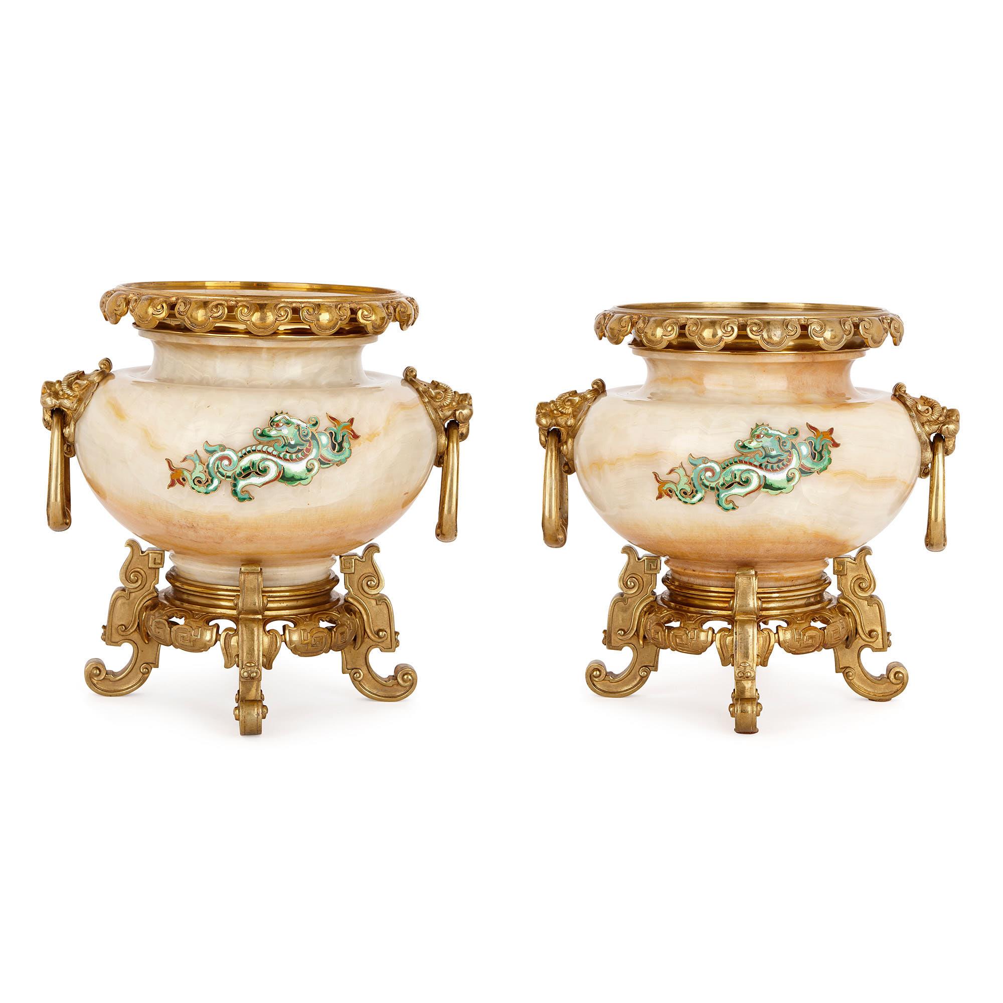 Chinoiserie Two Gilt Bronze Mounted, Enamelled Onyx Urns by H. Journet & Cie. For Sale