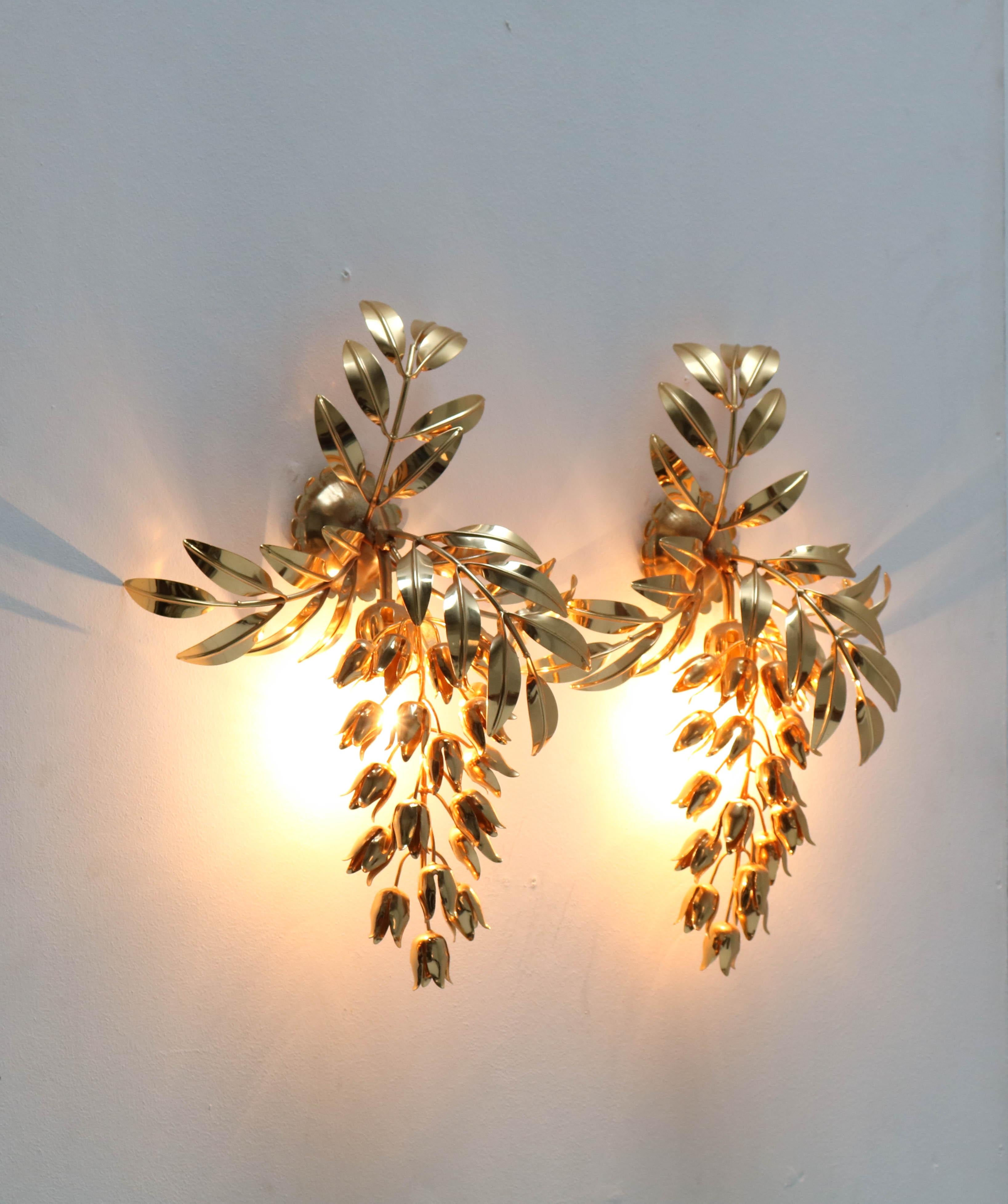 German Two Gilt Metal Hollywood Regency Palm Tree Wall Lights or Sconces by Hans Kögl