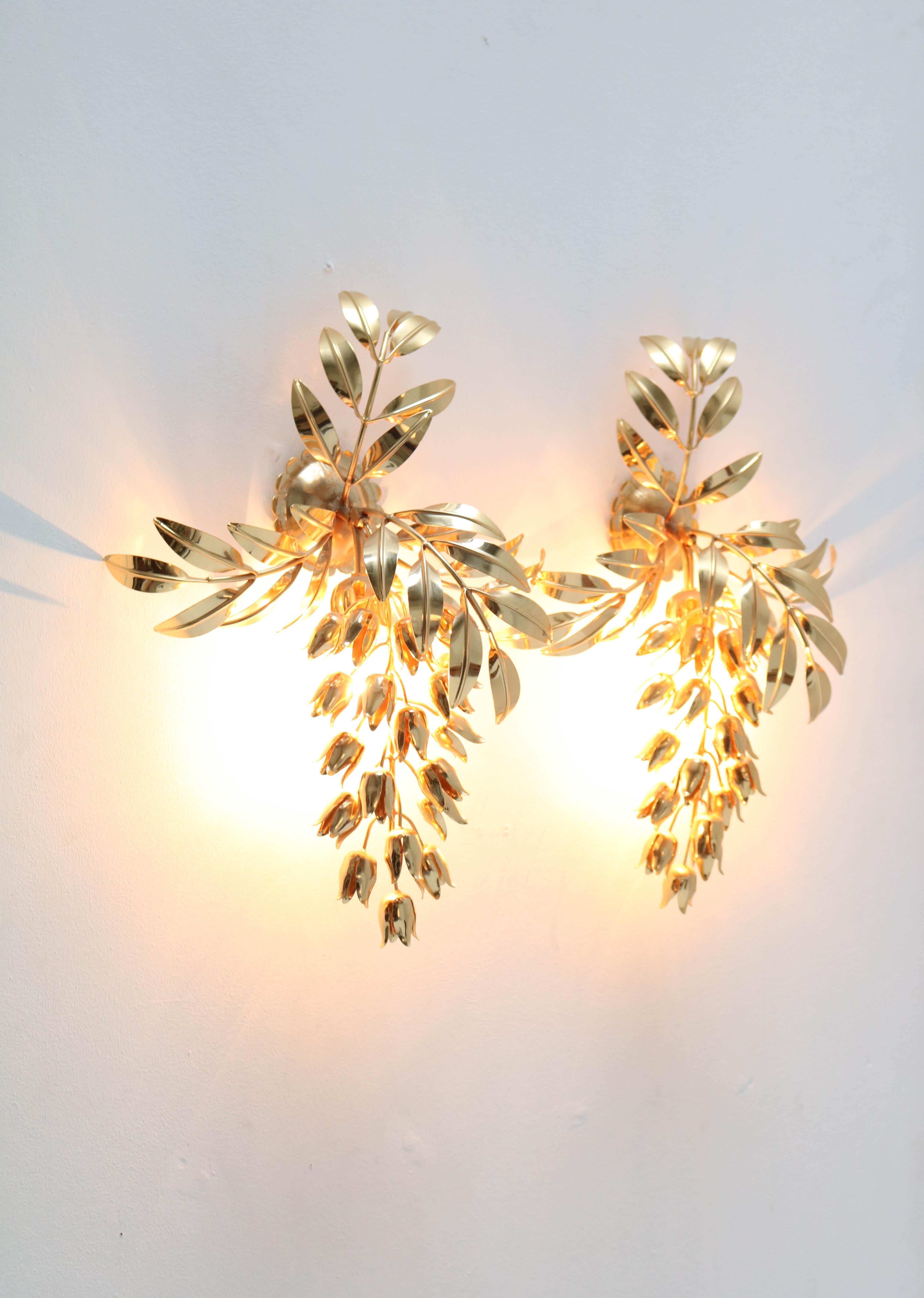 Two Gilt Metal Hollywood Regency Palm Tree Wall Lights or Sconces by Hans Kögl 1