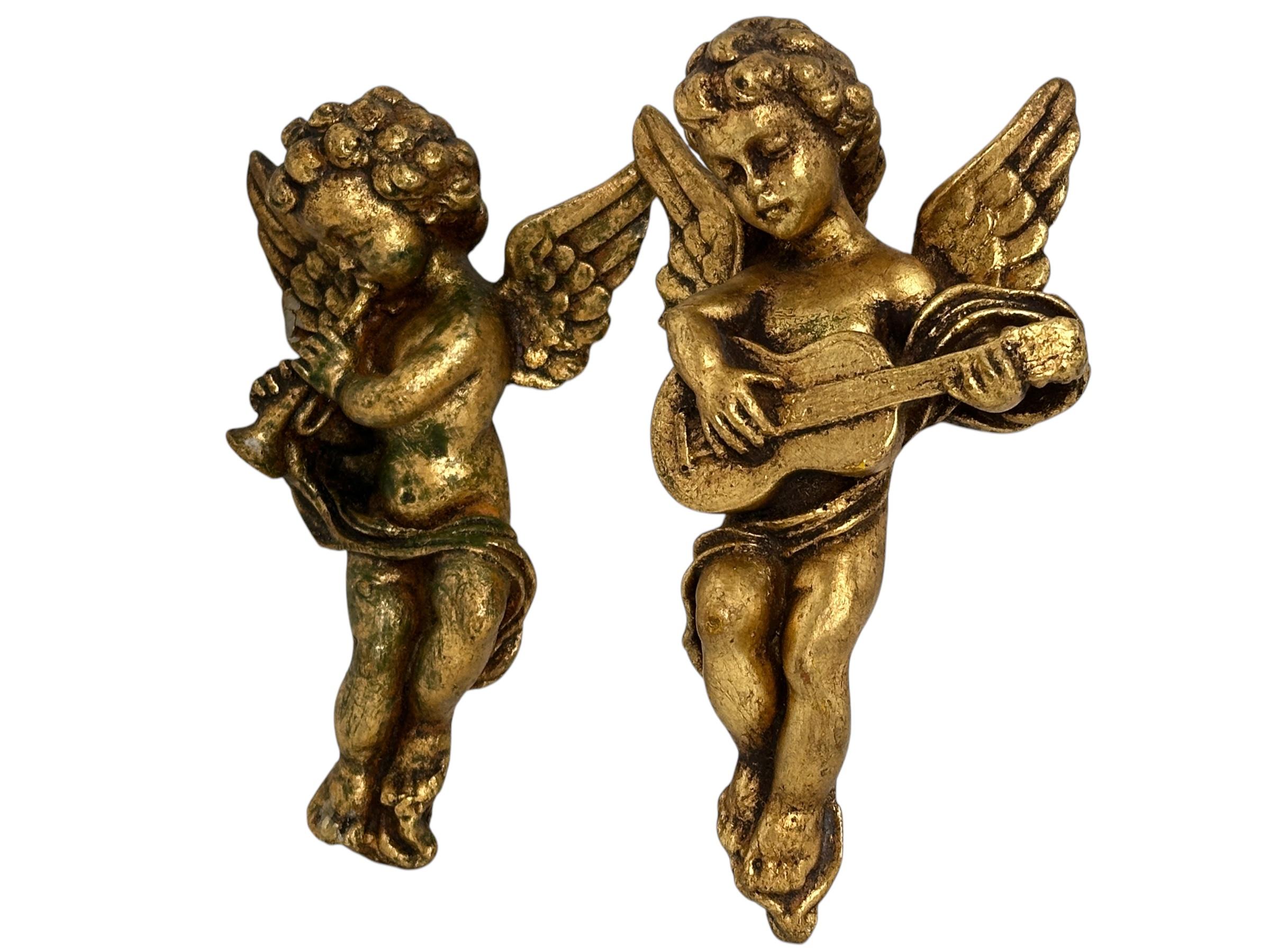 Due angeli cherubini musicanti dorati che suonano la chitarra e il flauto, Italia, anni '60 in vendita 1