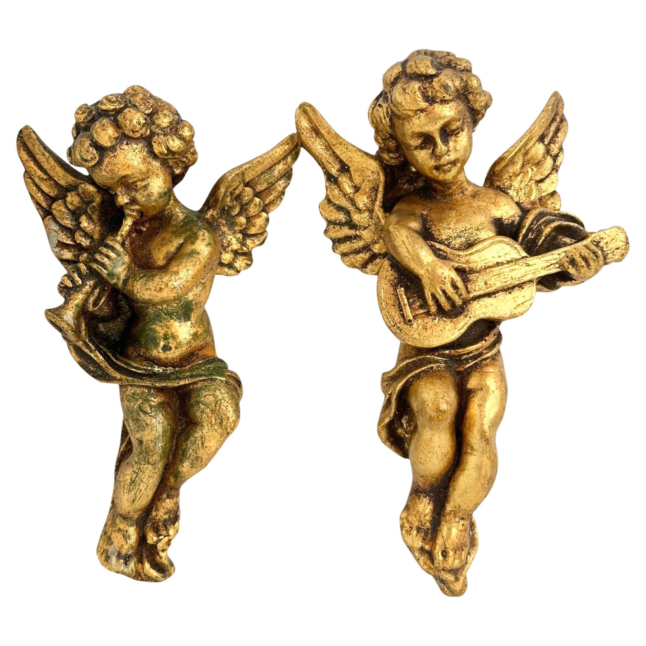 Two Gilt Musician Cherub Angel Playing Guitar and Flute, Italy, 1960s