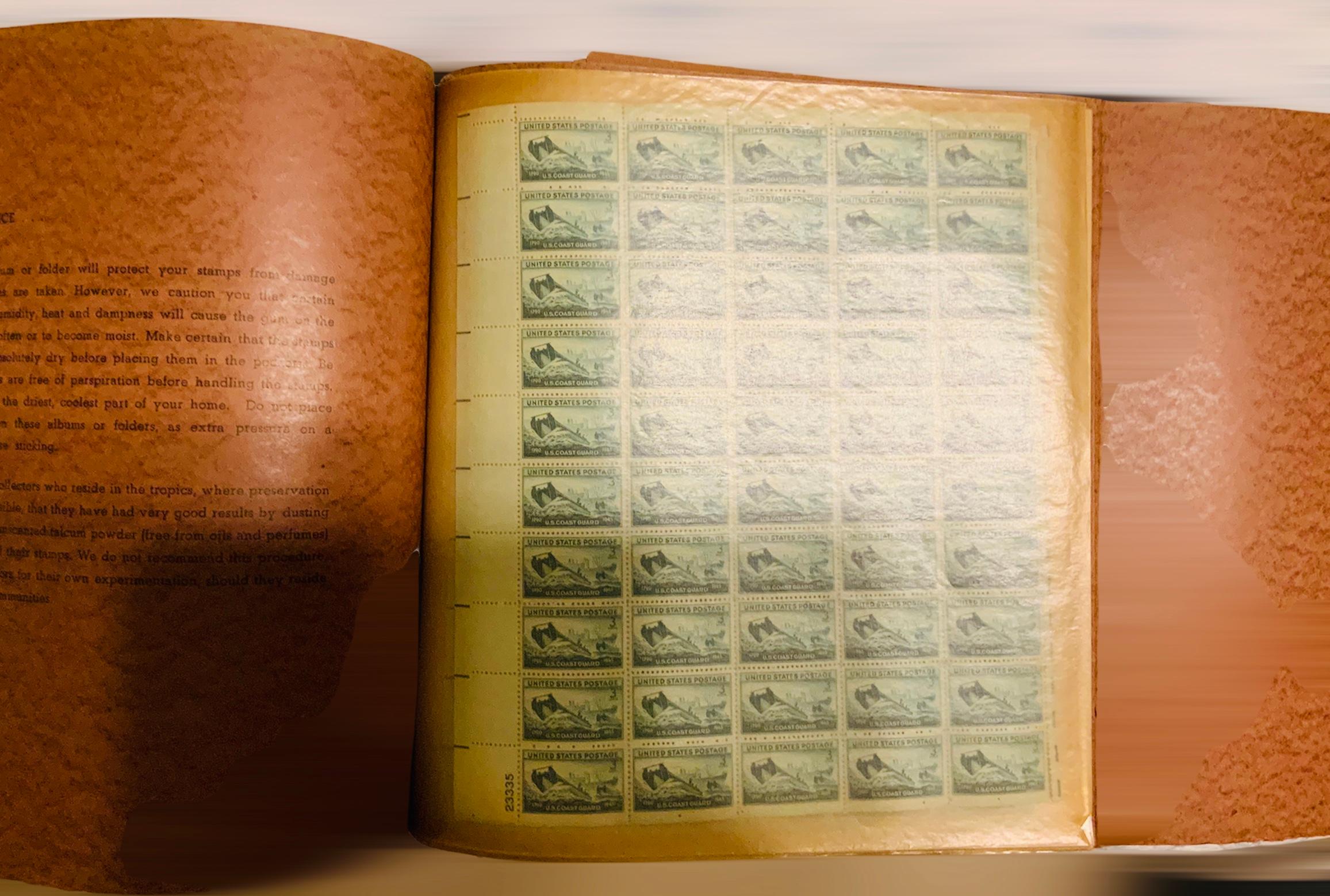 These are two Gimbels mint sheet album/binder of Stamps Collection. One album has nine brown folders/cover stocks and the other one has seven. Each folder contains between 17 to 20 mint sheets of stamps. The majority of the mint sheets of stamps