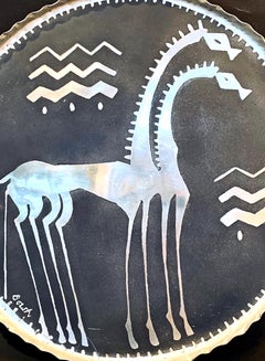 "Two Giraffes, " Fabulous, Large Art Deco Rondel in Enameled Aluminum, Unique