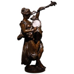 Two Girls Dancing and Playing Tambourine, Bronze  Sculpture Signed Dumaige