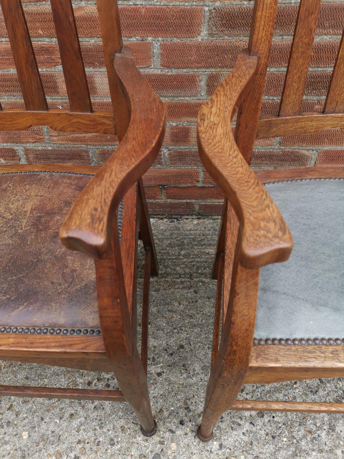 Leather Two Glasgow Style Arts & Crafts Oak Armchairs & a Single Matching Dining Chair For Sale