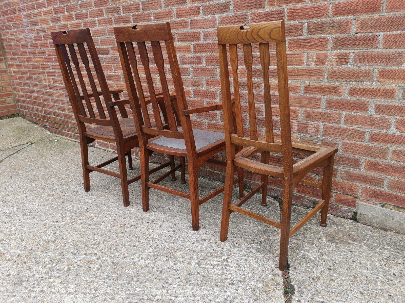 Two Glasgow Style Arts & Crafts Oak Armchairs & a Single Matching Dining Chair For Sale 1