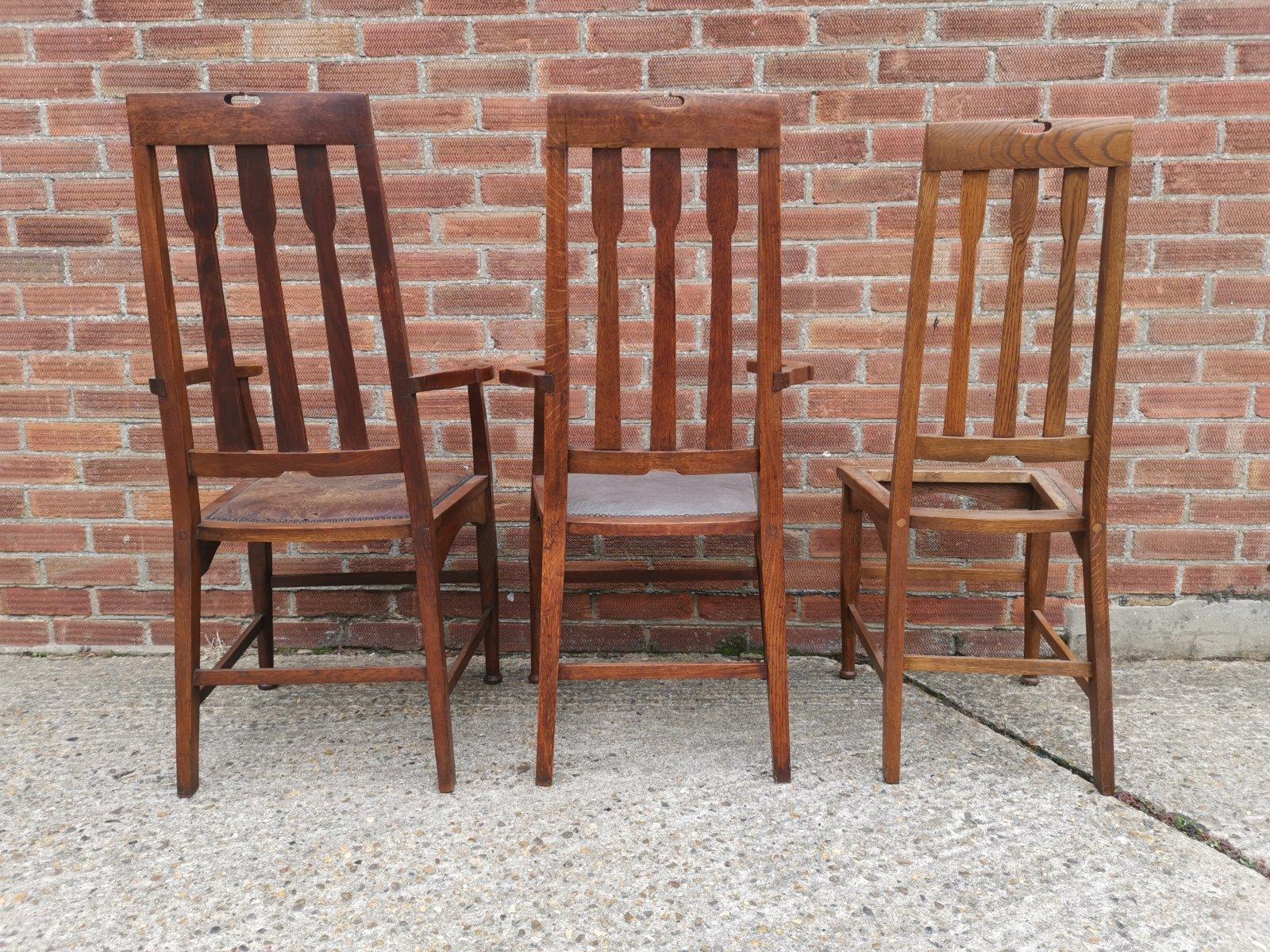 Two Glasgow Style Arts & Crafts Oak Armchairs & a Single Matching Dining Chair For Sale 2