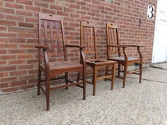 Two Glasgow Style Arts & Crafts Oak Armchairs & a Single Matching Dining Chair