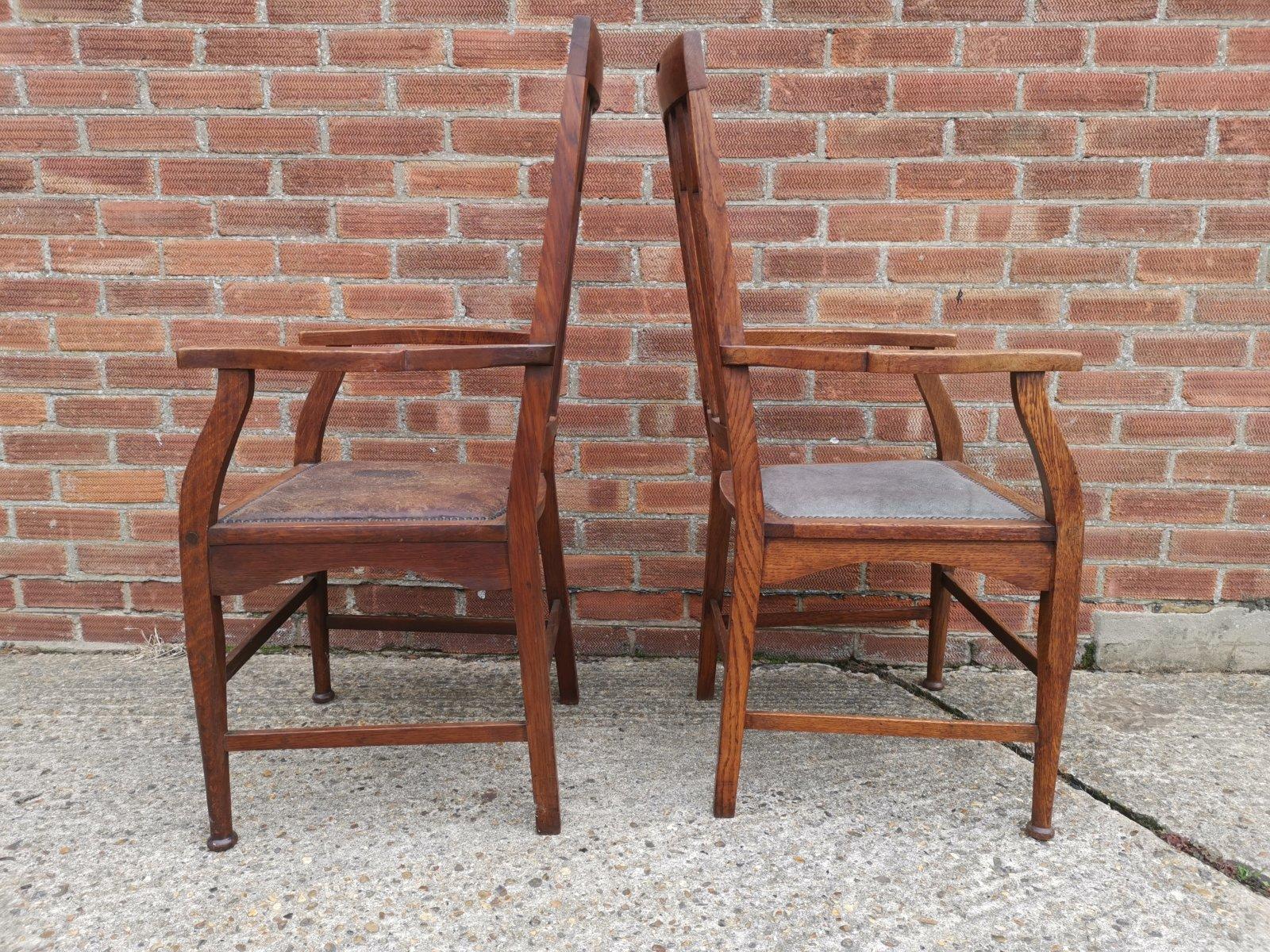 Arts and Crafts Two Glasgow Style Arts & Crafts Oak Armchairs & a Single Matching Dining Chair For Sale