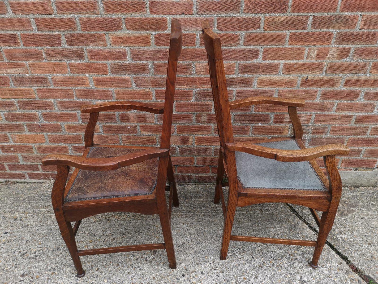English Two Glasgow Style Arts & Crafts Oak Armchairs & a Single Matching Dining Chair For Sale
