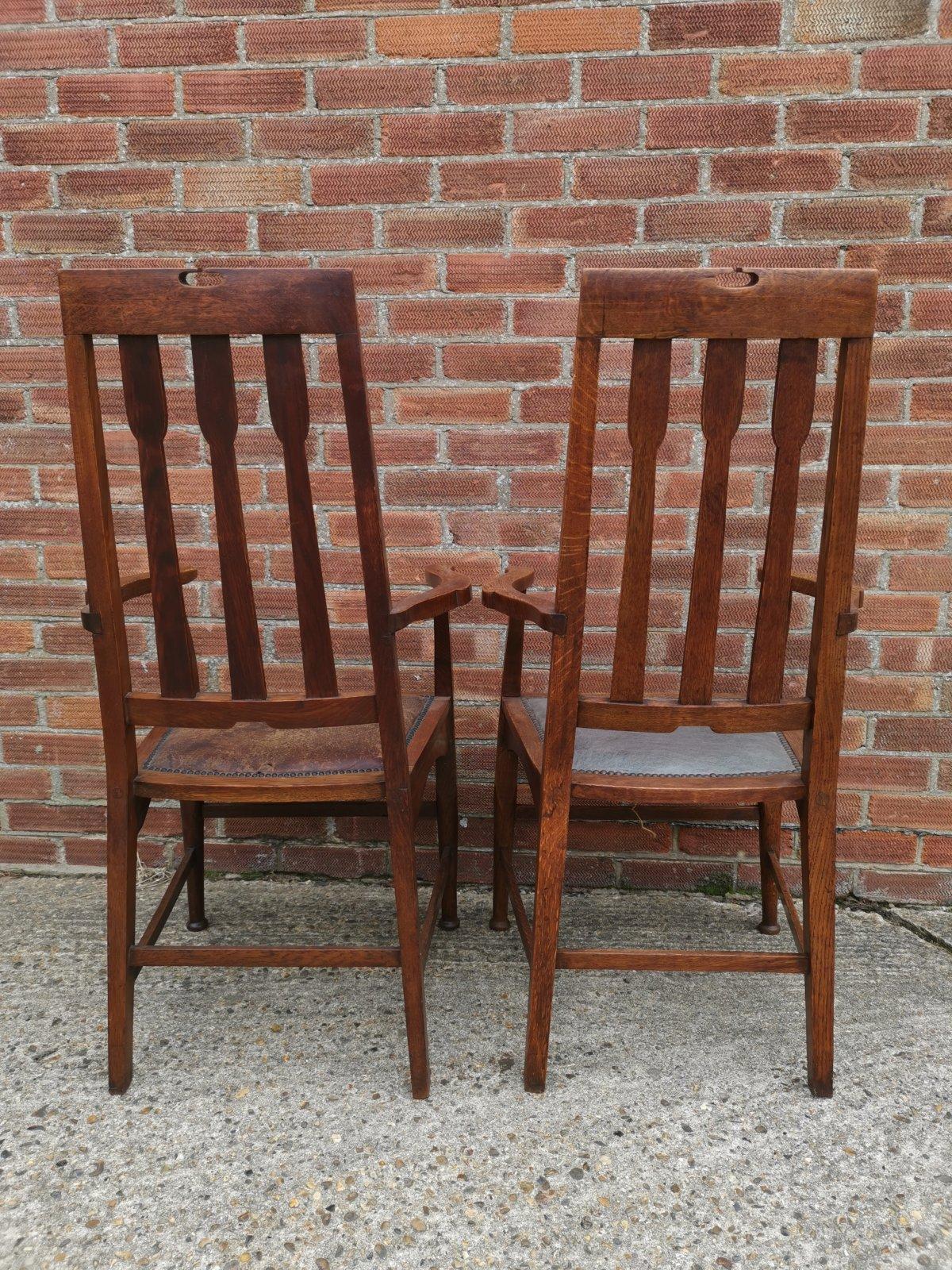 Hand-Crafted Two Glasgow Style Arts & Crafts Oak Armchairs & a Single Matching Dining Chair For Sale