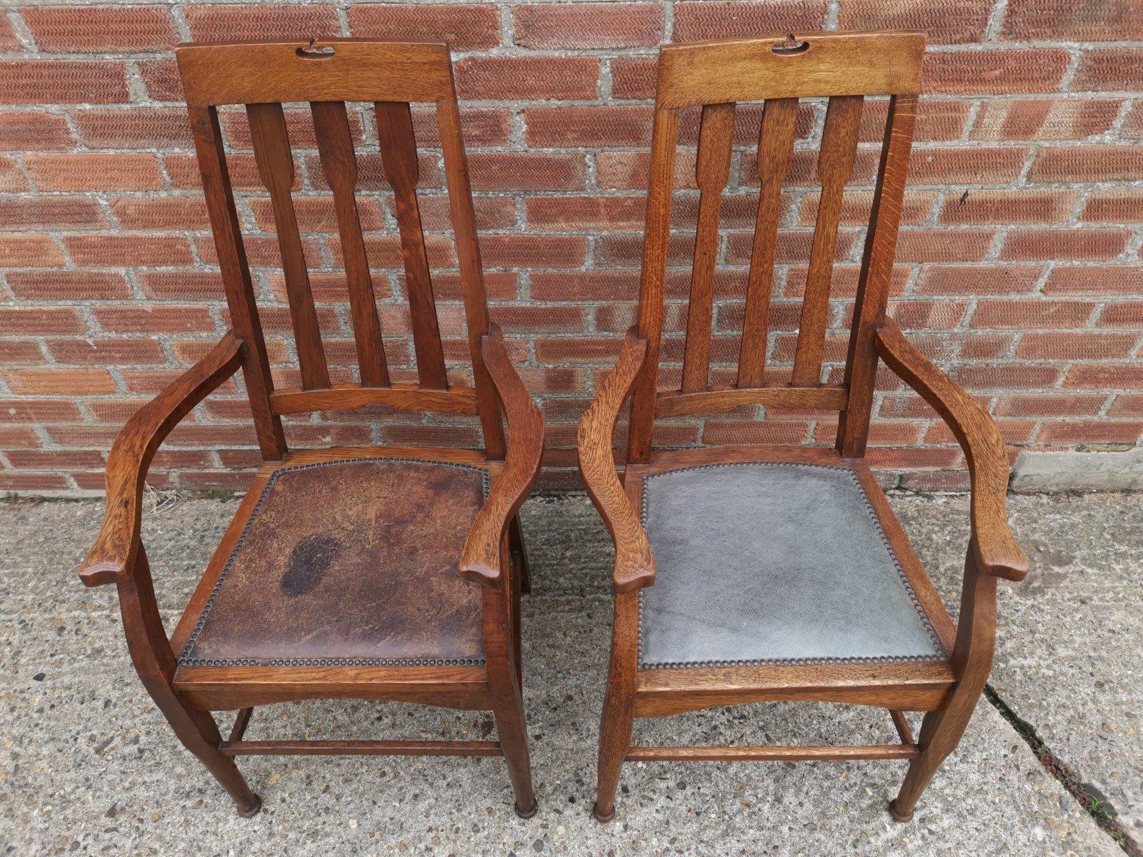 Early 20th Century Two Glasgow Style Arts & Crafts Oak Armchairs & a Single Matching Dining Chair For Sale