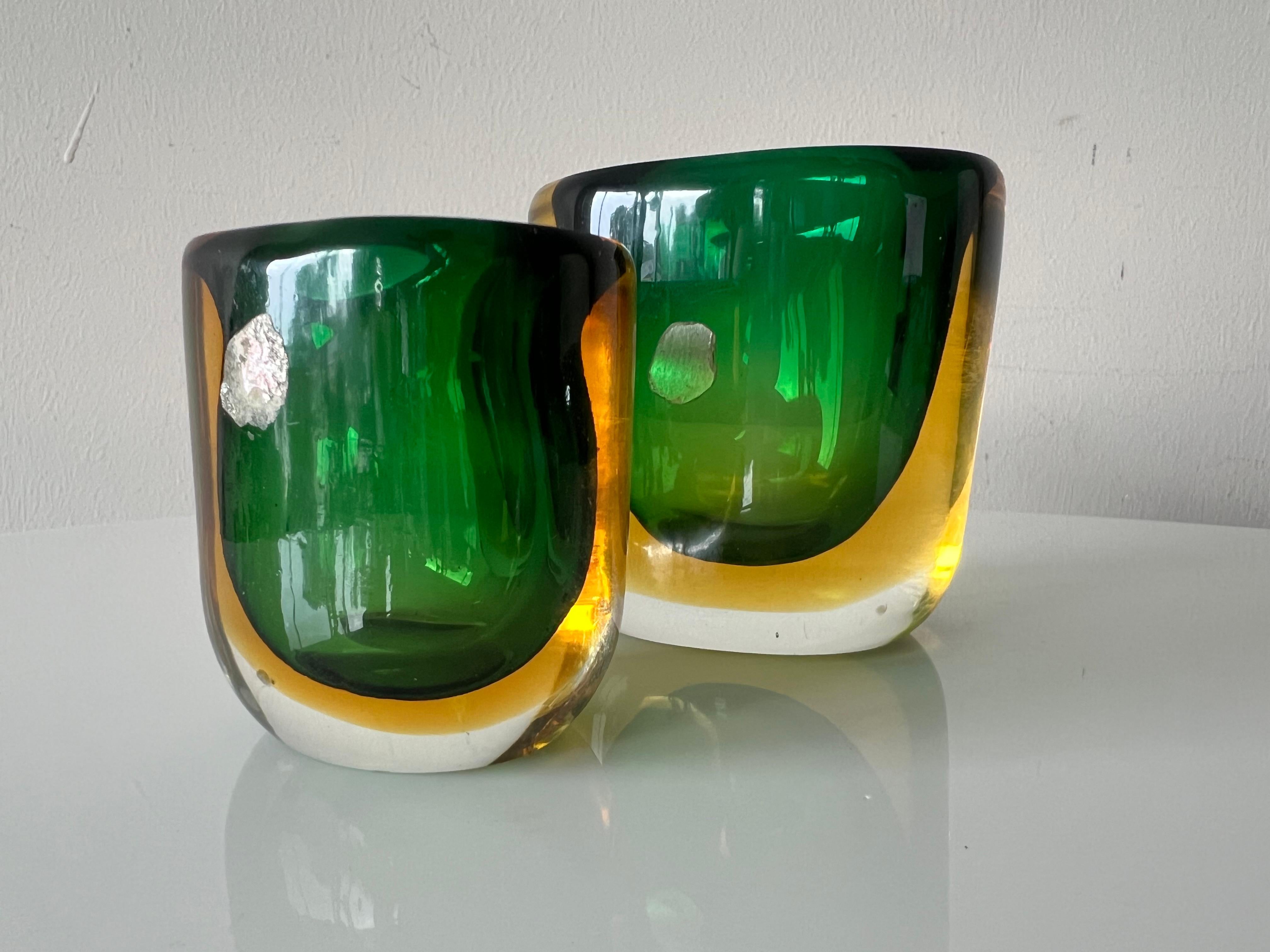 Mid-Century Modern Two Glass Vases Sommerso ca' 1950's Green Amber For Sale