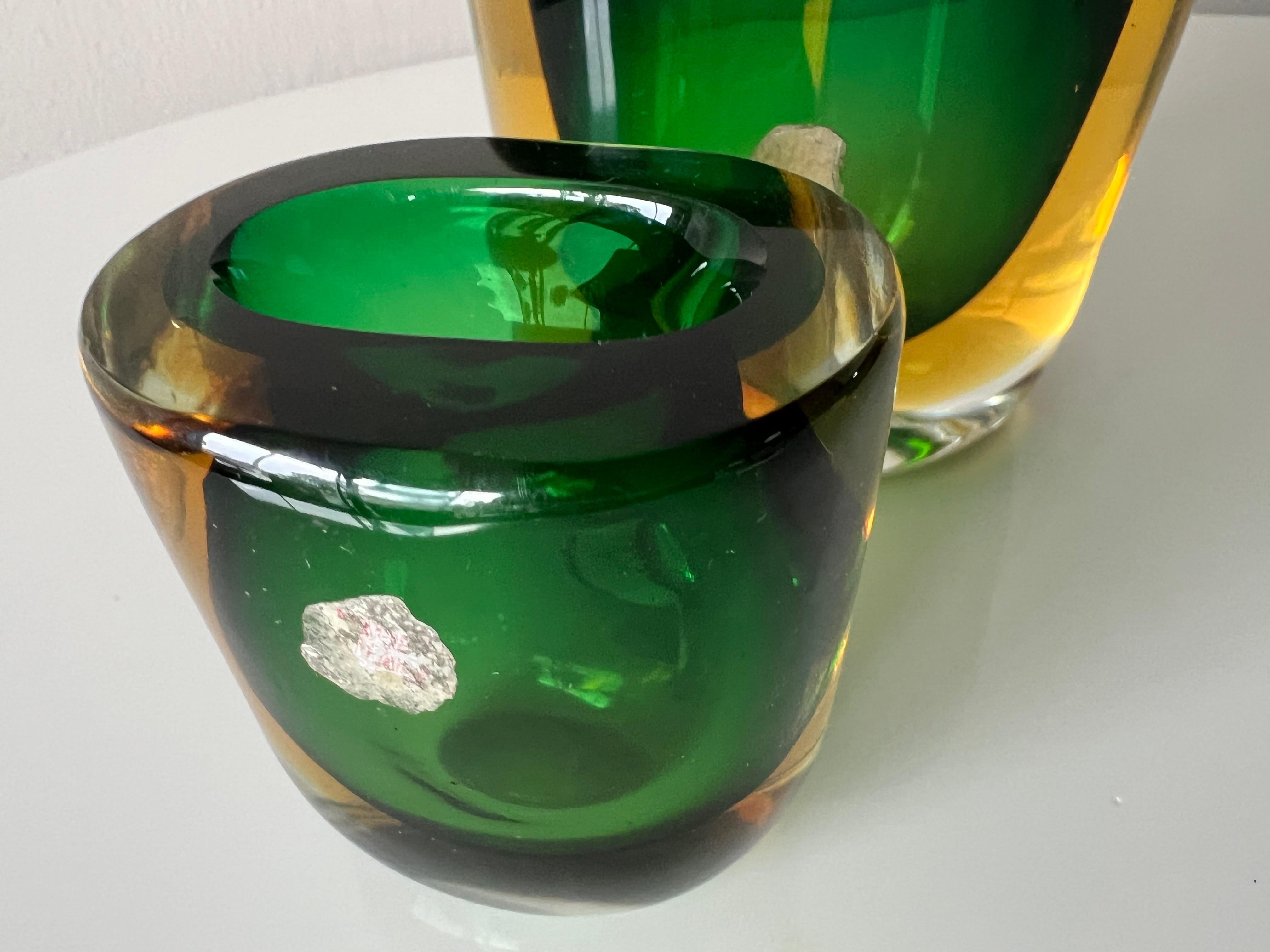 Italian Two Glass Vases Sommerso ca' 1950's Green Amber For Sale