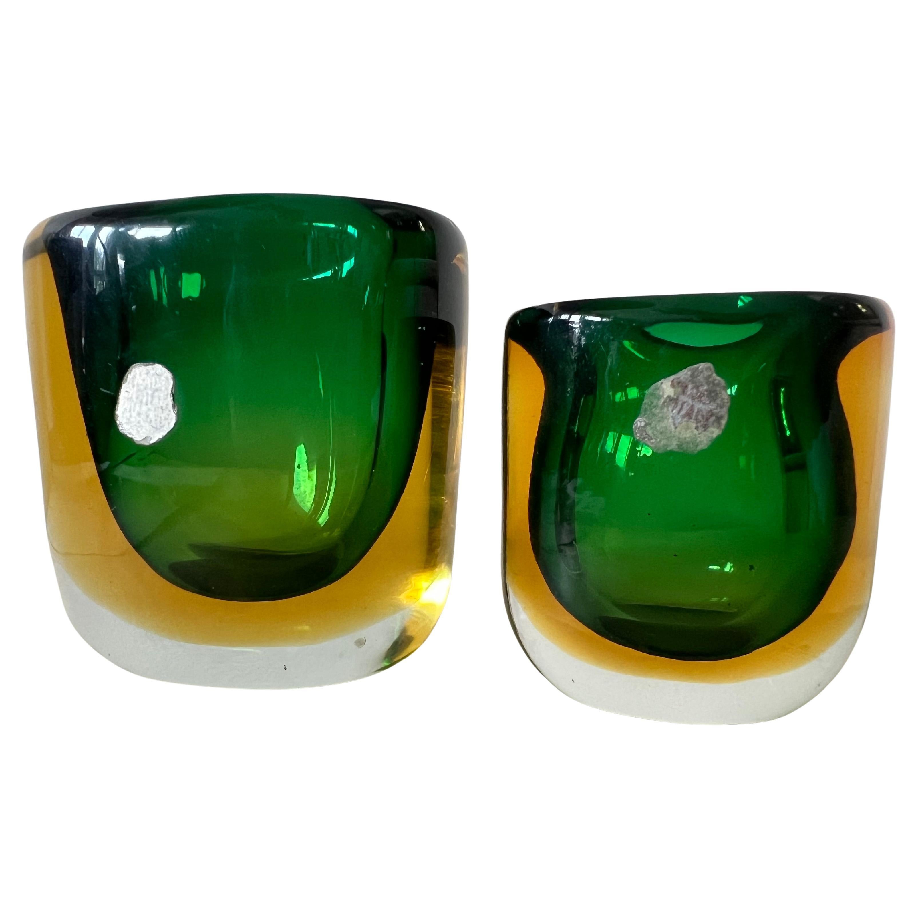 Two Glass Vases Sommerso ca' 1950's Green Amber
