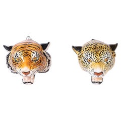 Two Glazed Terra Cotta Big Cat Sculptural Wall Mounts, Priced Individually