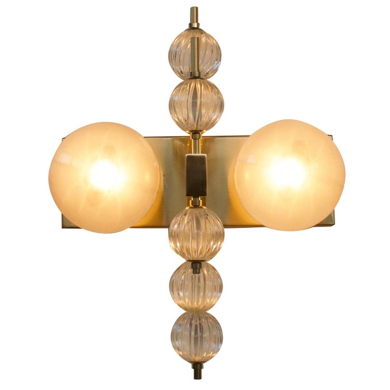 Italian Murano wall light with glossy gray Murano glass globes on polished brass frame / Designed by Fabio Bergomi for Fabio Ltd / Made in Italy
2 lights / E12 or E14 type / max 40W each
Measures: Height 18 inches / Width 14 inches / Depth 8.5