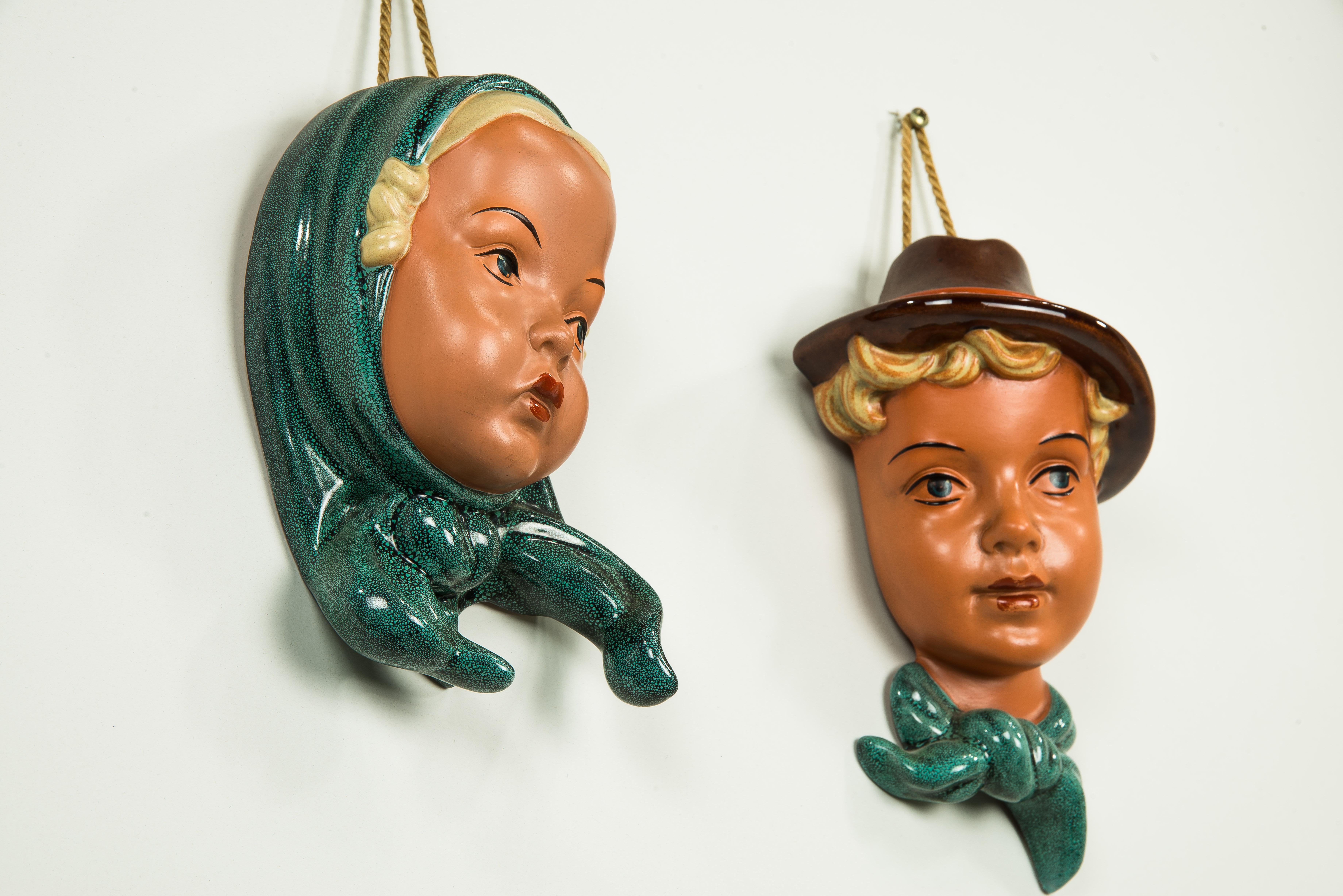 Painted Two Goebel Bieber Ceramic Wall Masks, circa 1950s For Sale