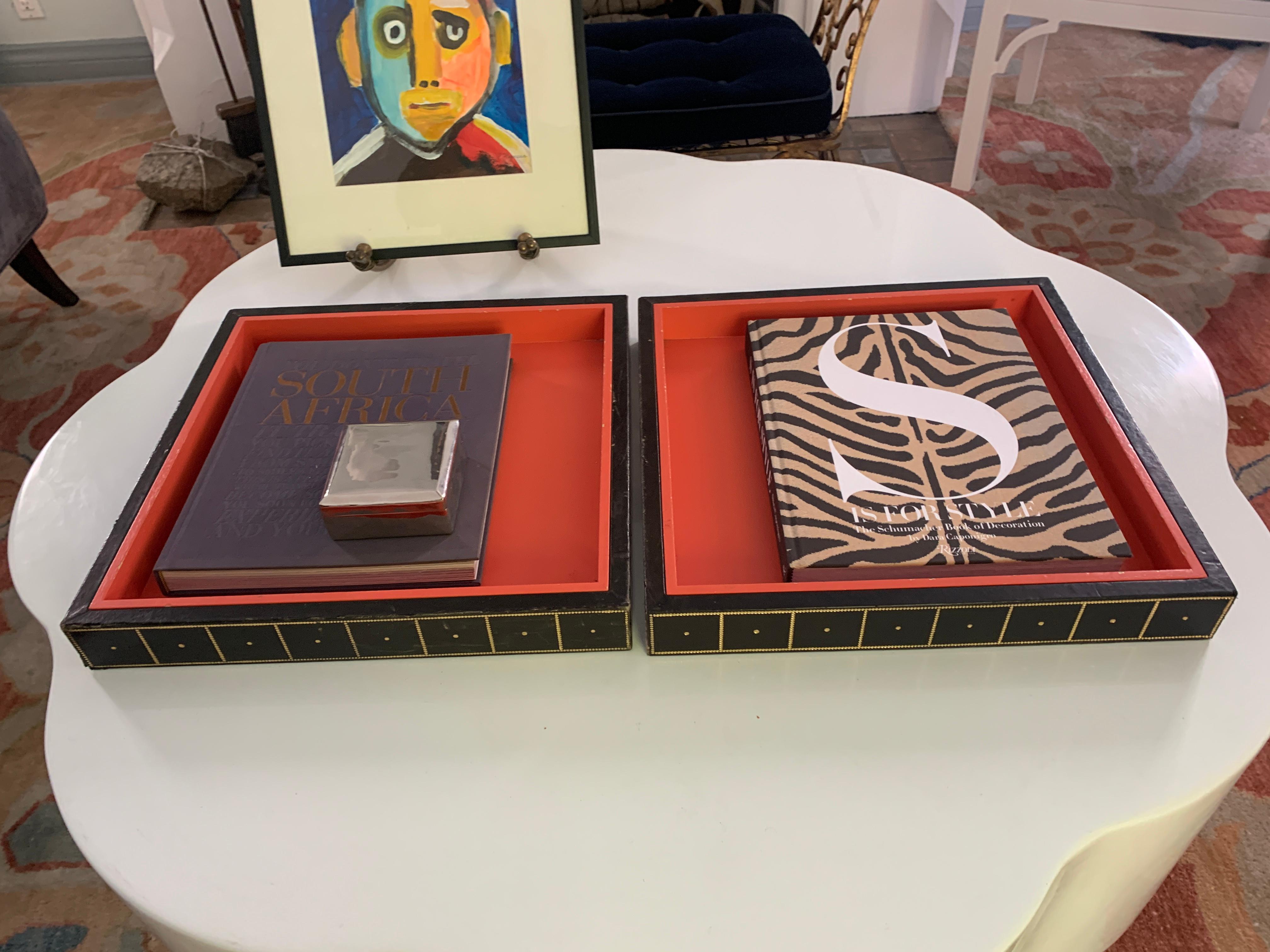 Two Gold Embossed Leather and Wood Trays in Orange and Black 7