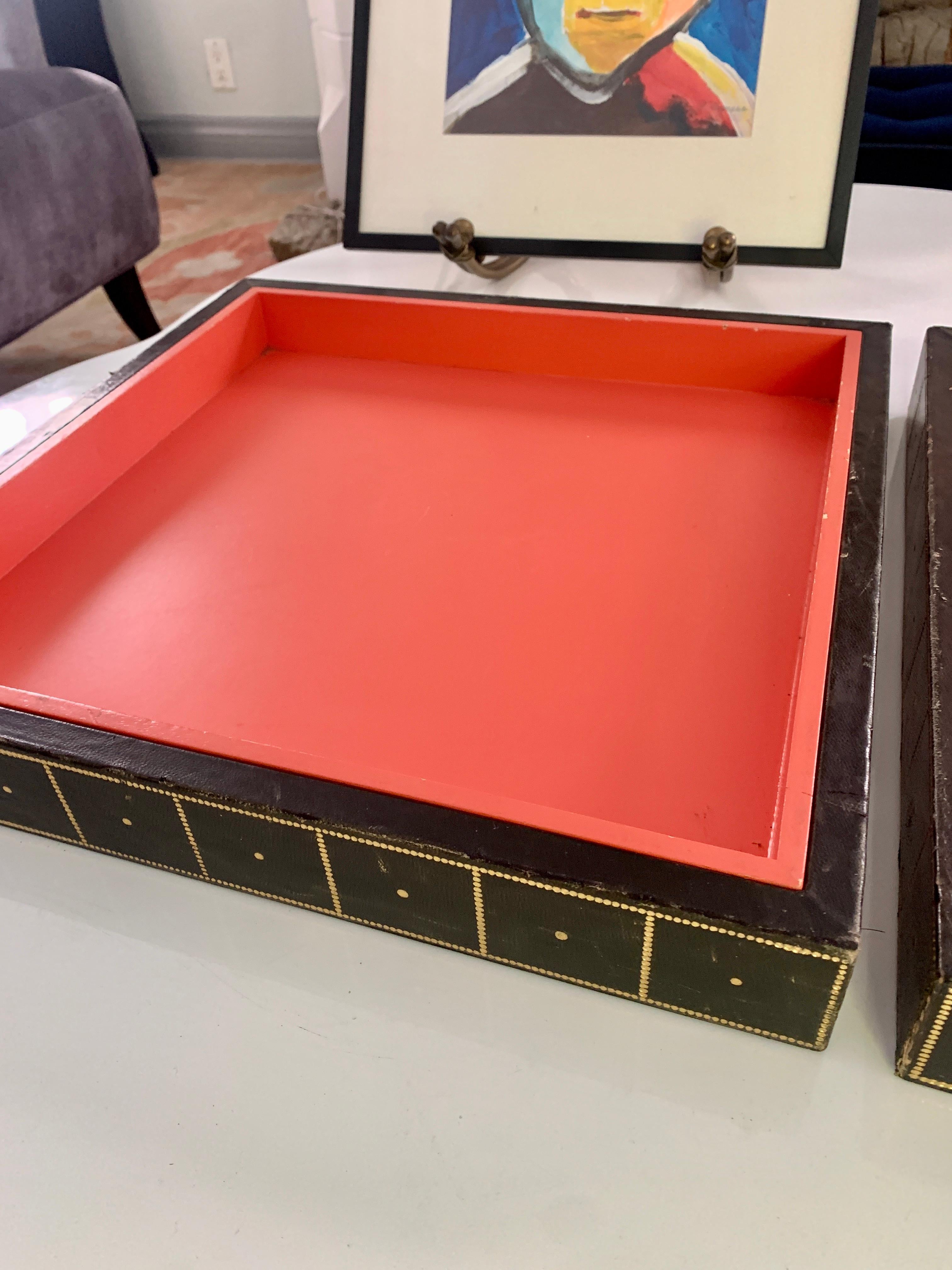 Two Gold Embossed Leather and Wood Trays in Orange and Black 8