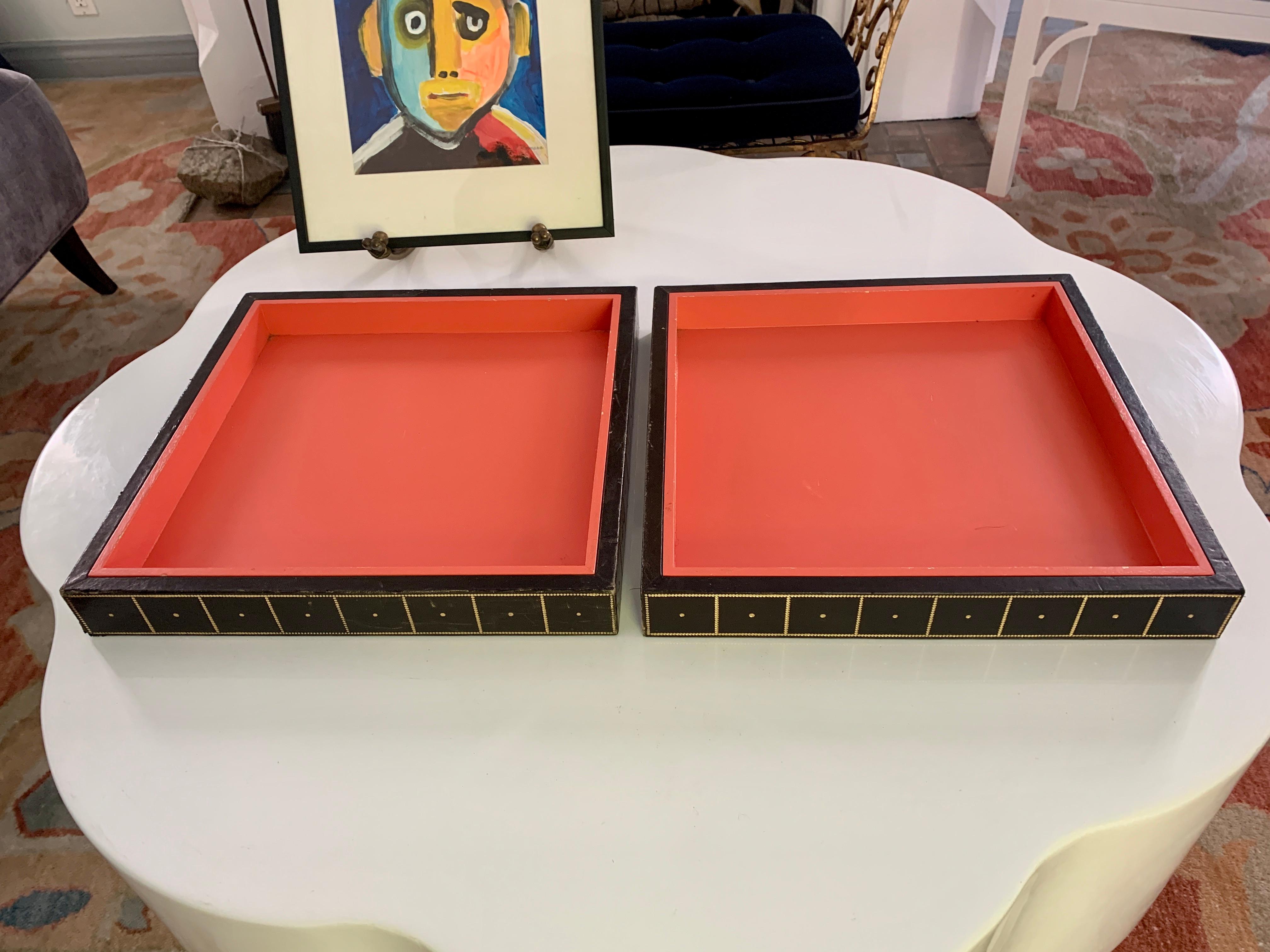 Two Gold Embossed Leather and Wood Trays in Orange and Black 9