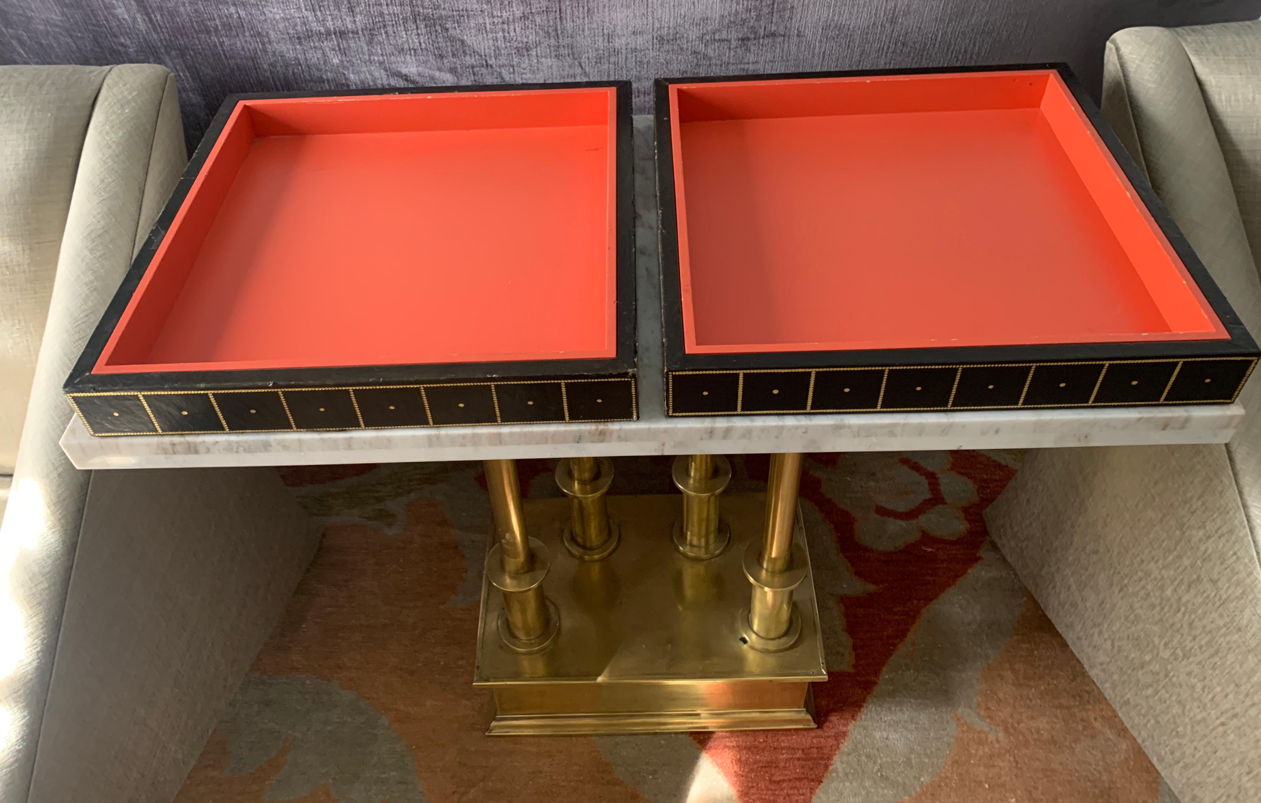 Mid-Century Modern Two Gold Embossed Leather and Wood Trays in Orange and Black