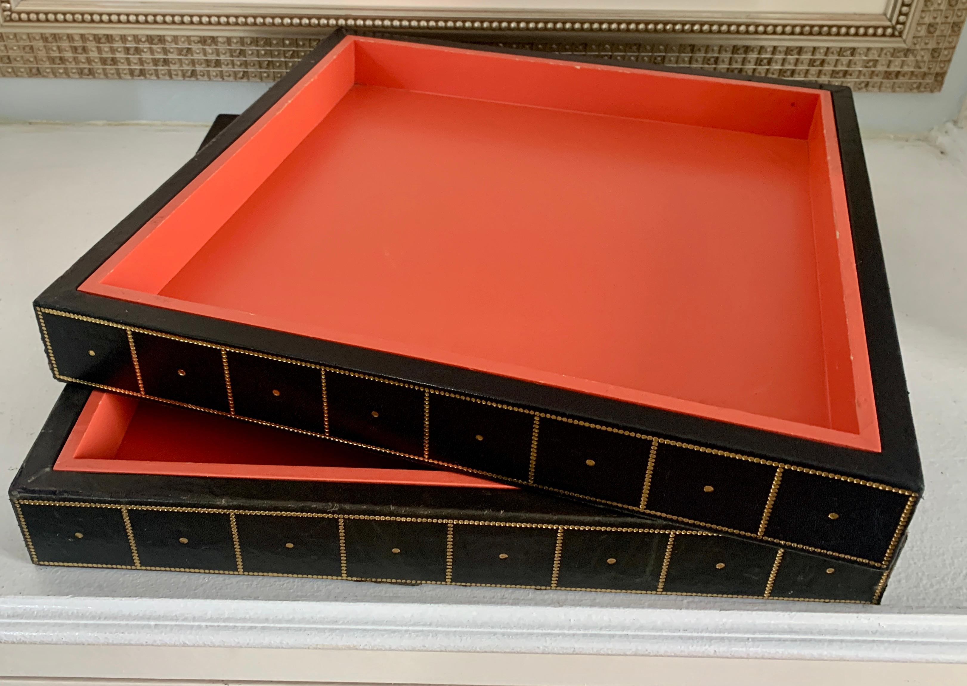 Two Gold Embossed Leather and Wood Trays in Orange and Black In Good Condition In Los Angeles, CA