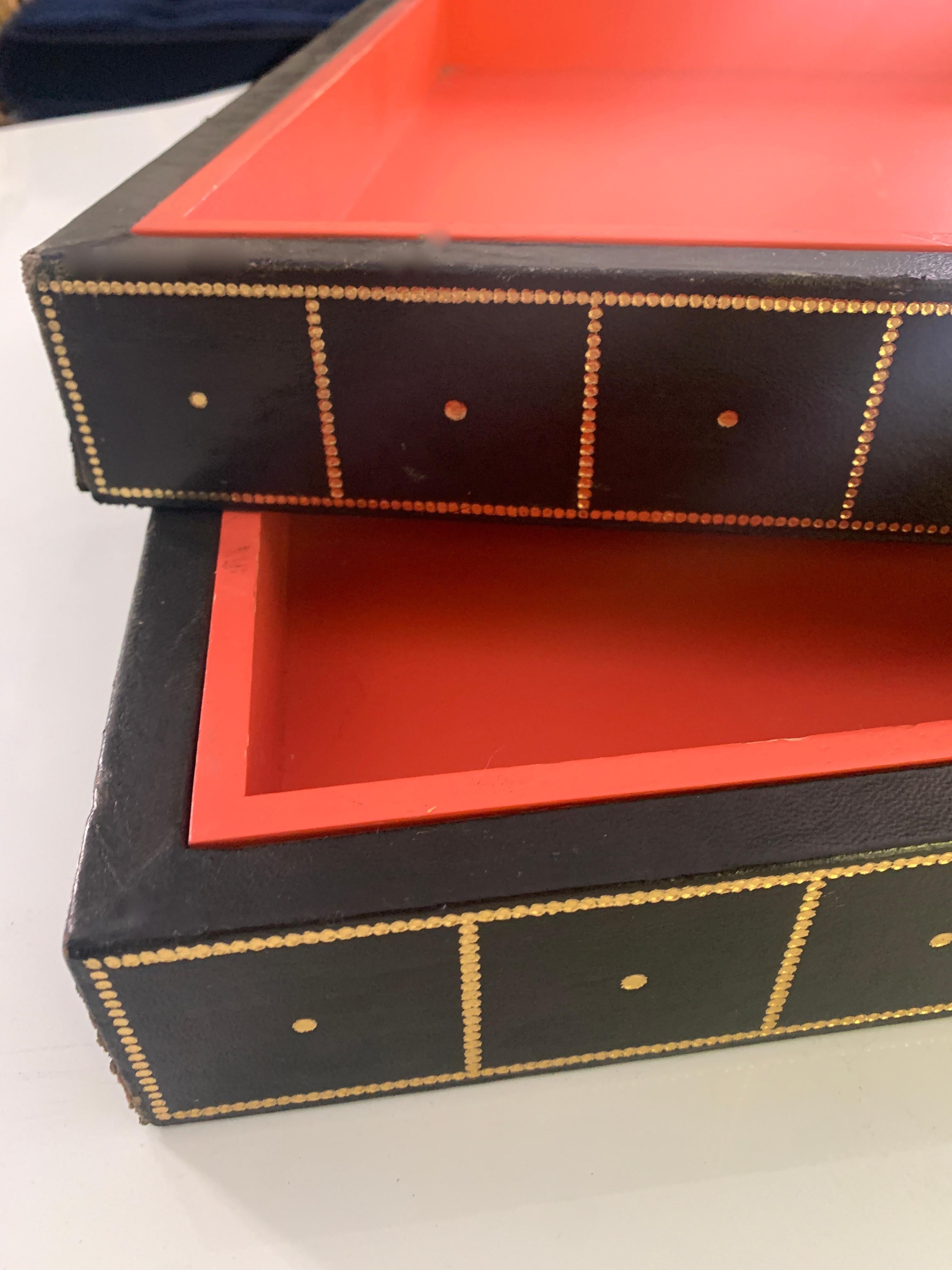 Two Gold Embossed Leather and Wood Trays in Orange and Black 2