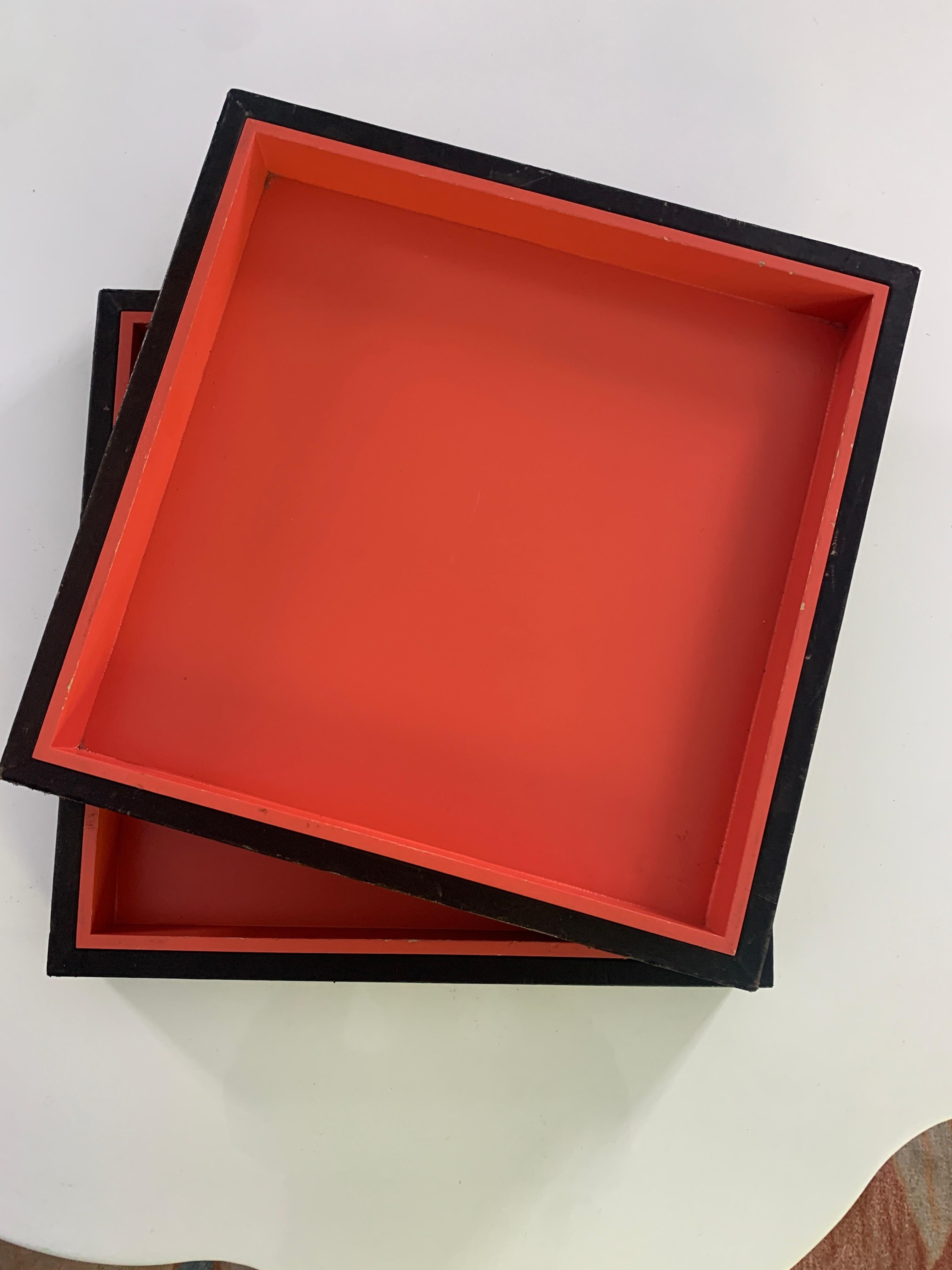 Two Gold Embossed Leather and Wood Trays in Orange and Black 3