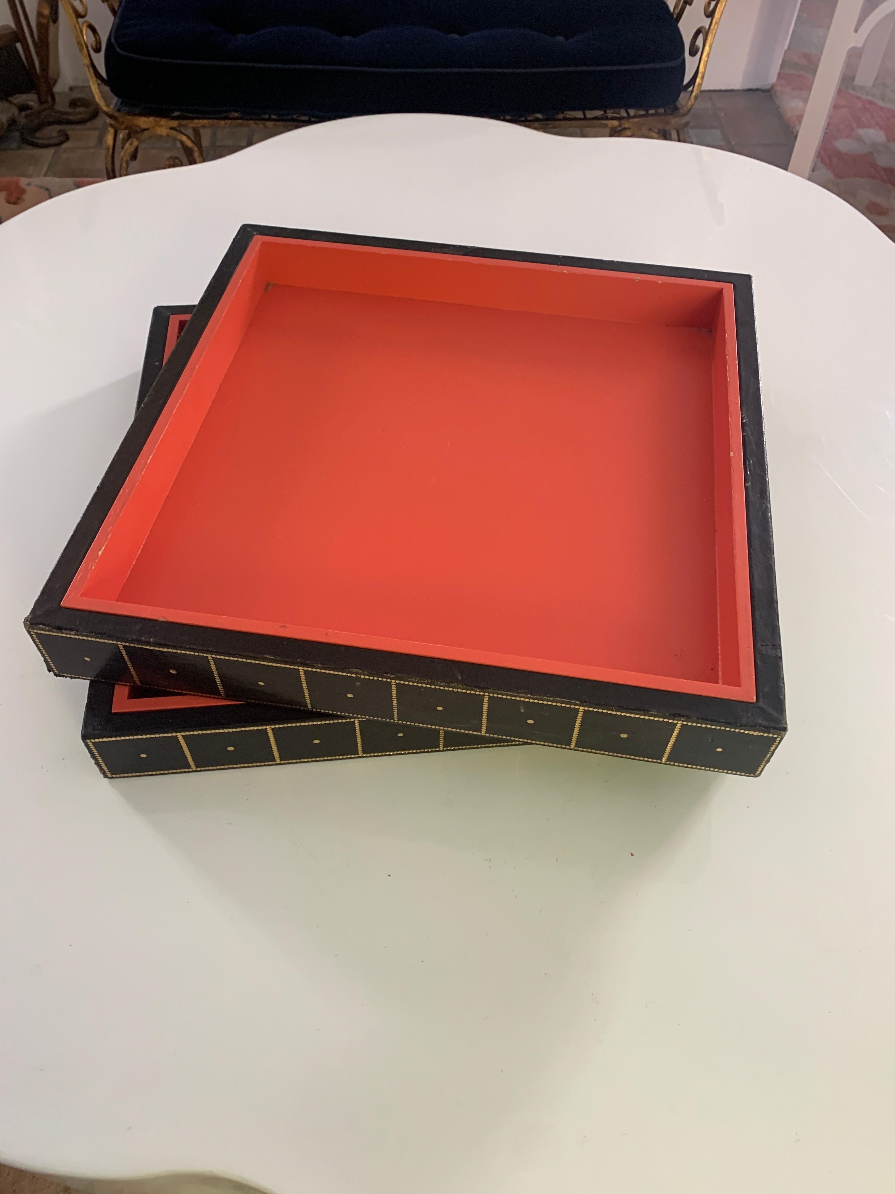 Two Gold Embossed Leather and Wood Trays in Orange and Black 4