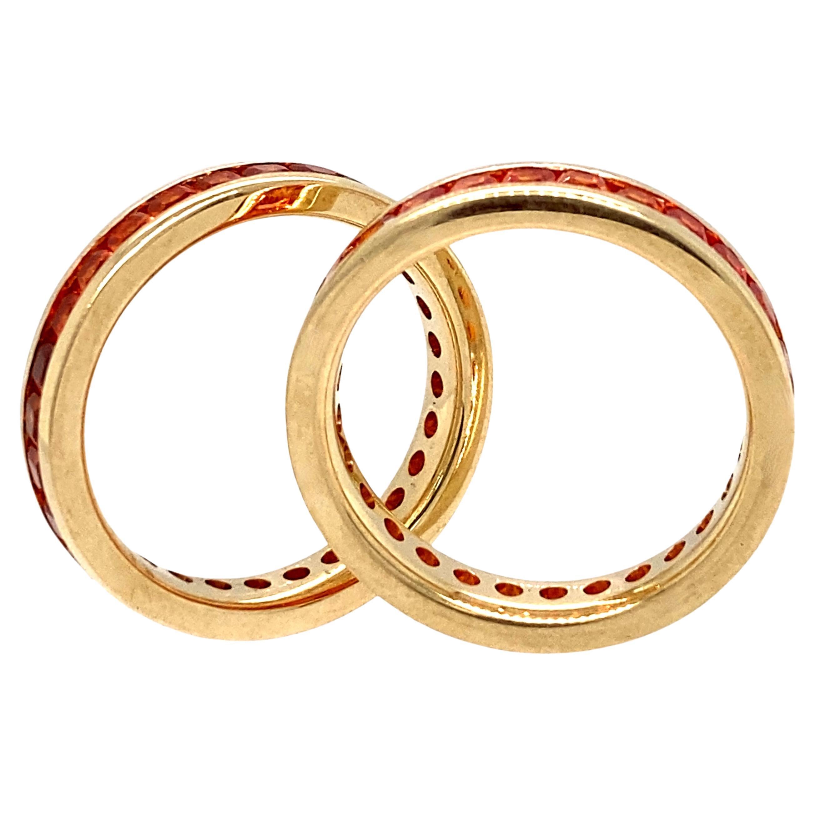 Two Gold Eternity Stacker Bands with Channel-Set Square Cut Orange Sapphires For Sale 4