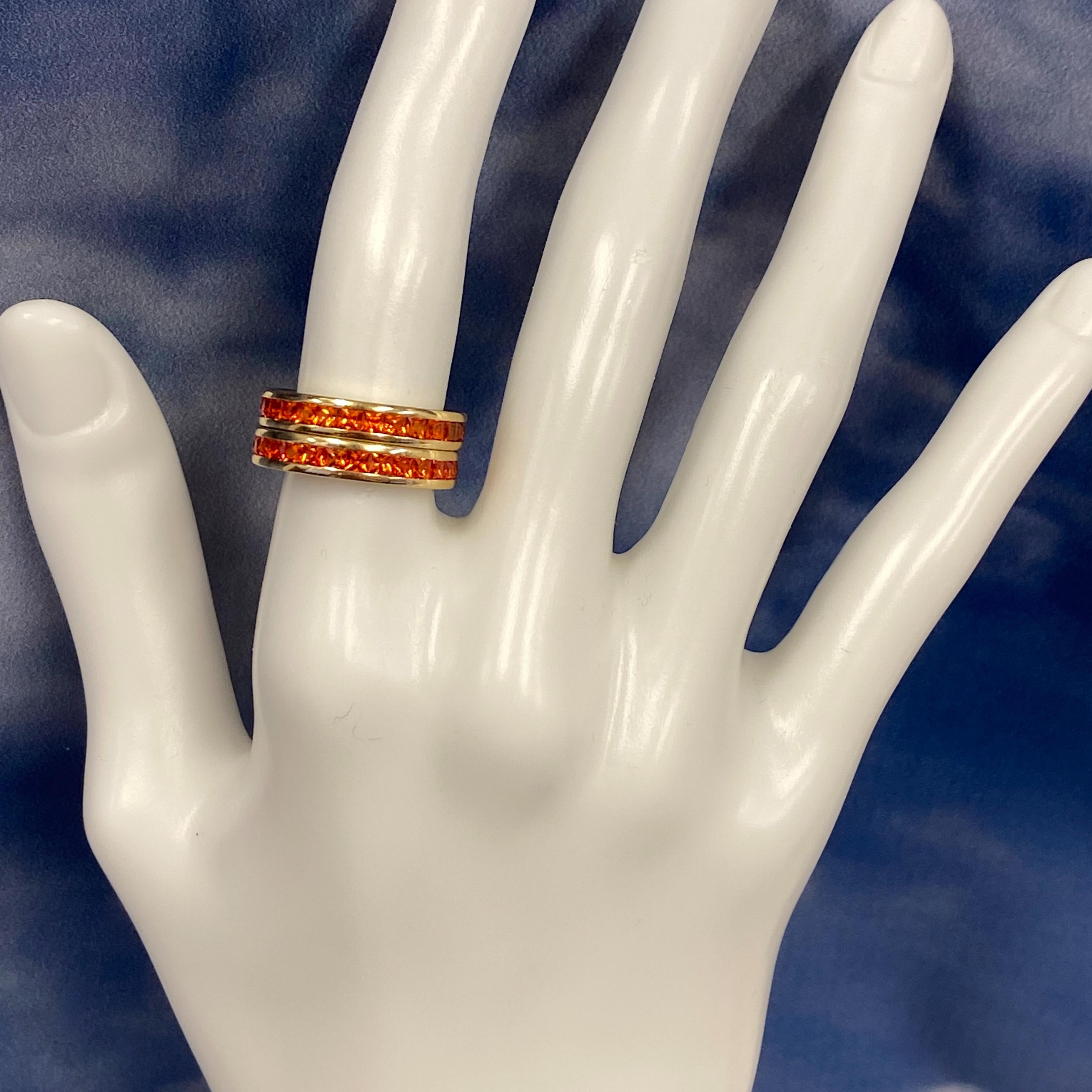 Two Gold Eternity Stacker Bands with Channel-Set Square Cut Orange Sapphires In New Condition For Sale In Sherman Oaks, CA
