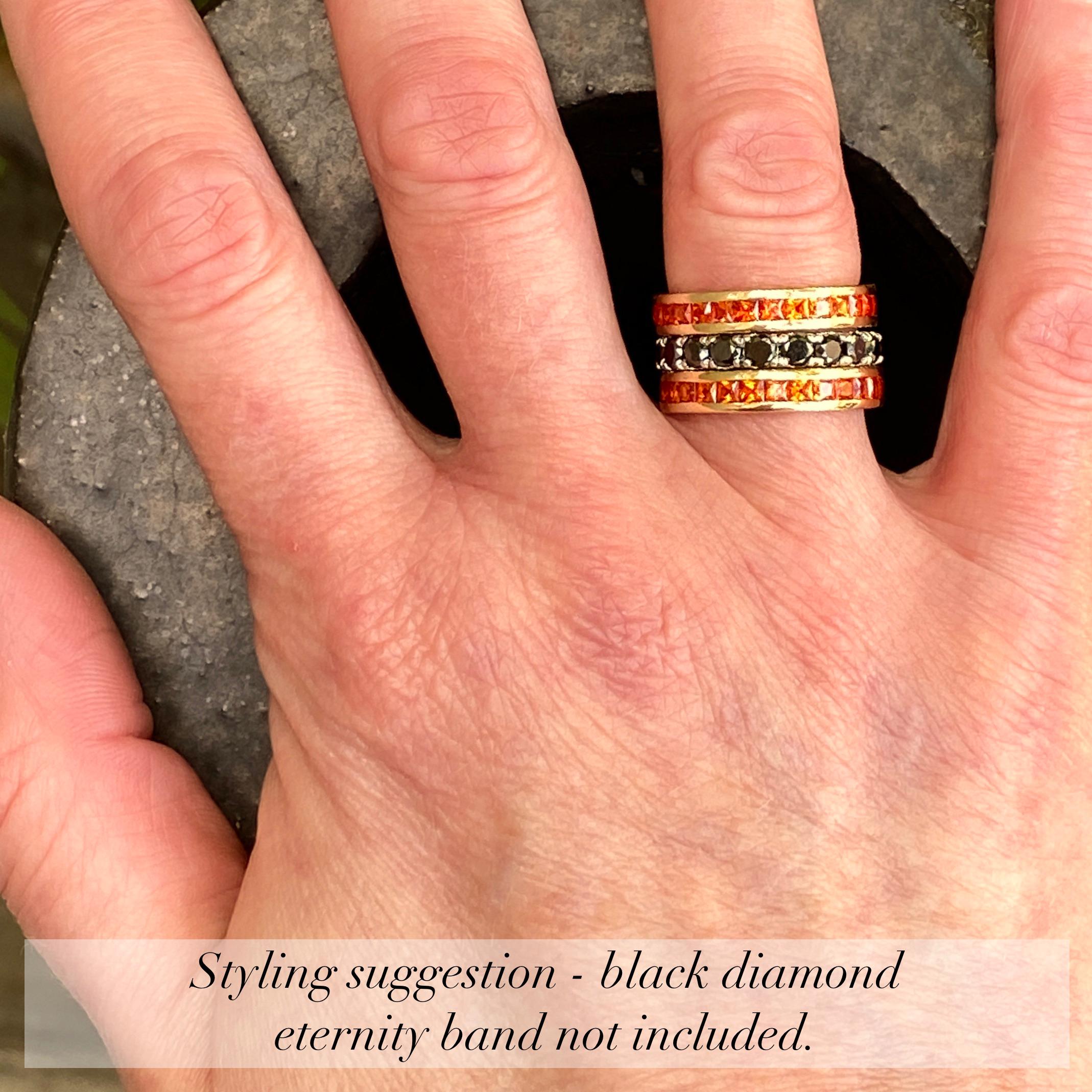 Two Gold Eternity Stacker Bands with Channel-Set Square Cut Orange Sapphires For Sale 2