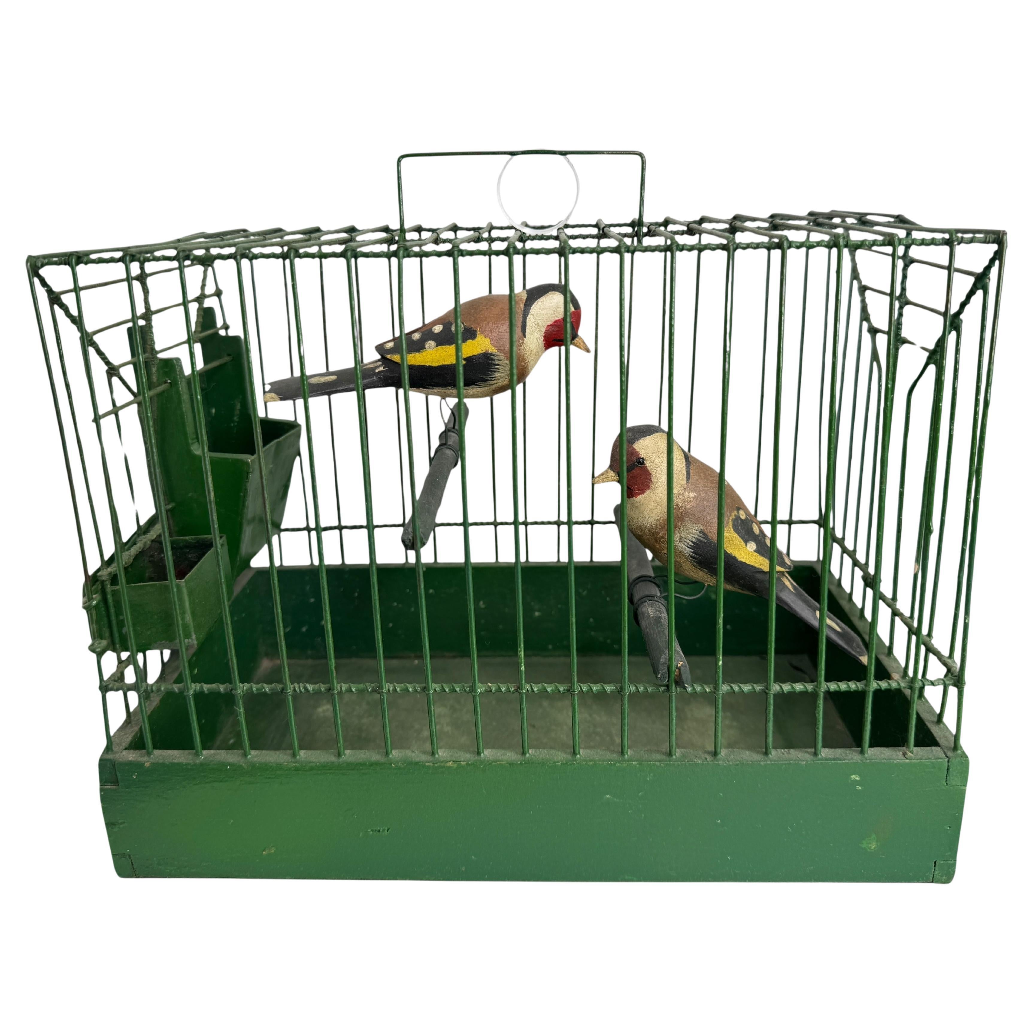 Two Goldfinch Viechtauer Hand Carved Wood Bird in Birdcage Austria 1920 Folk Art