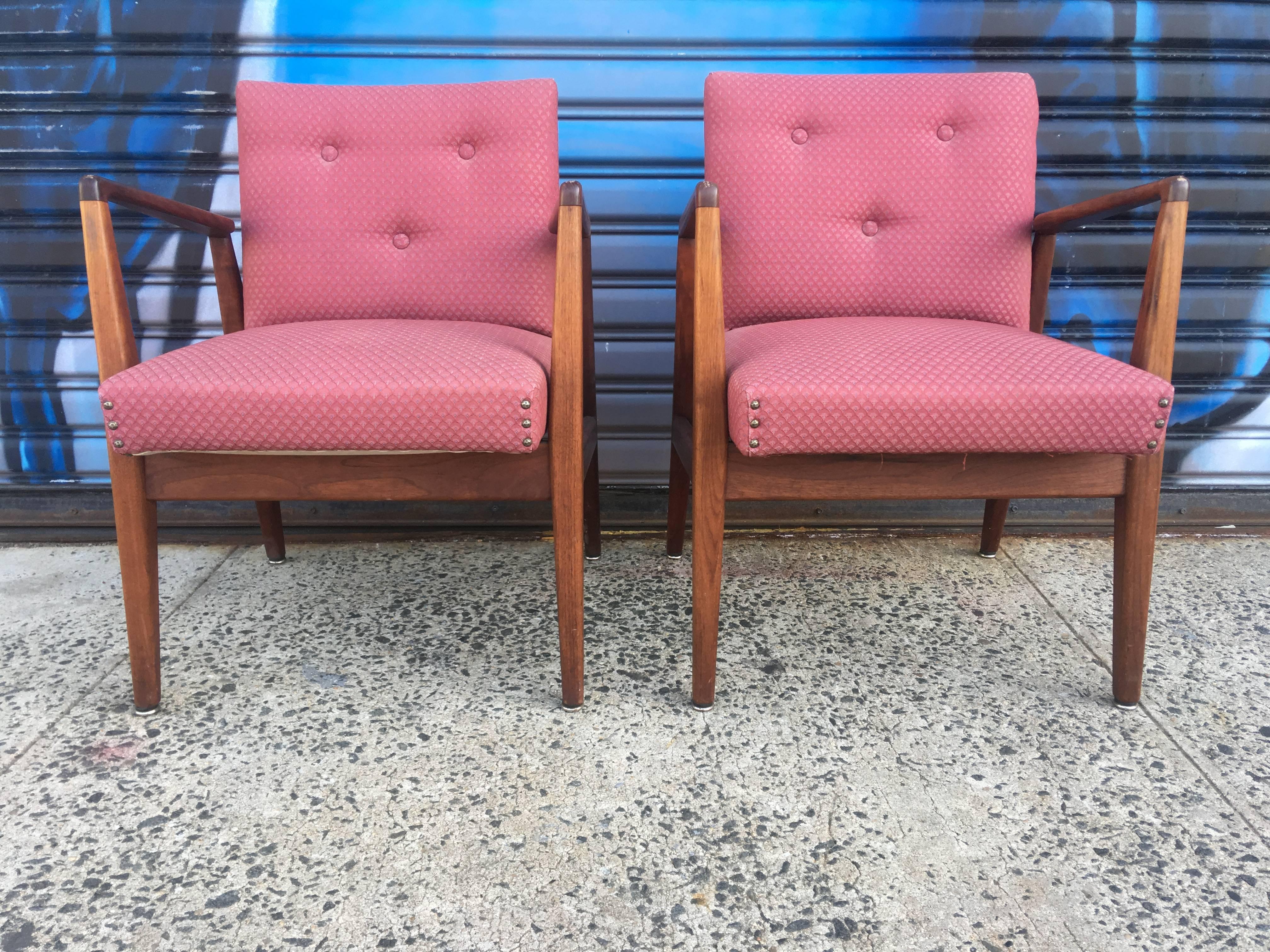 American Two Gorgeous Jens Risom Sculptural Walnut Armchairs