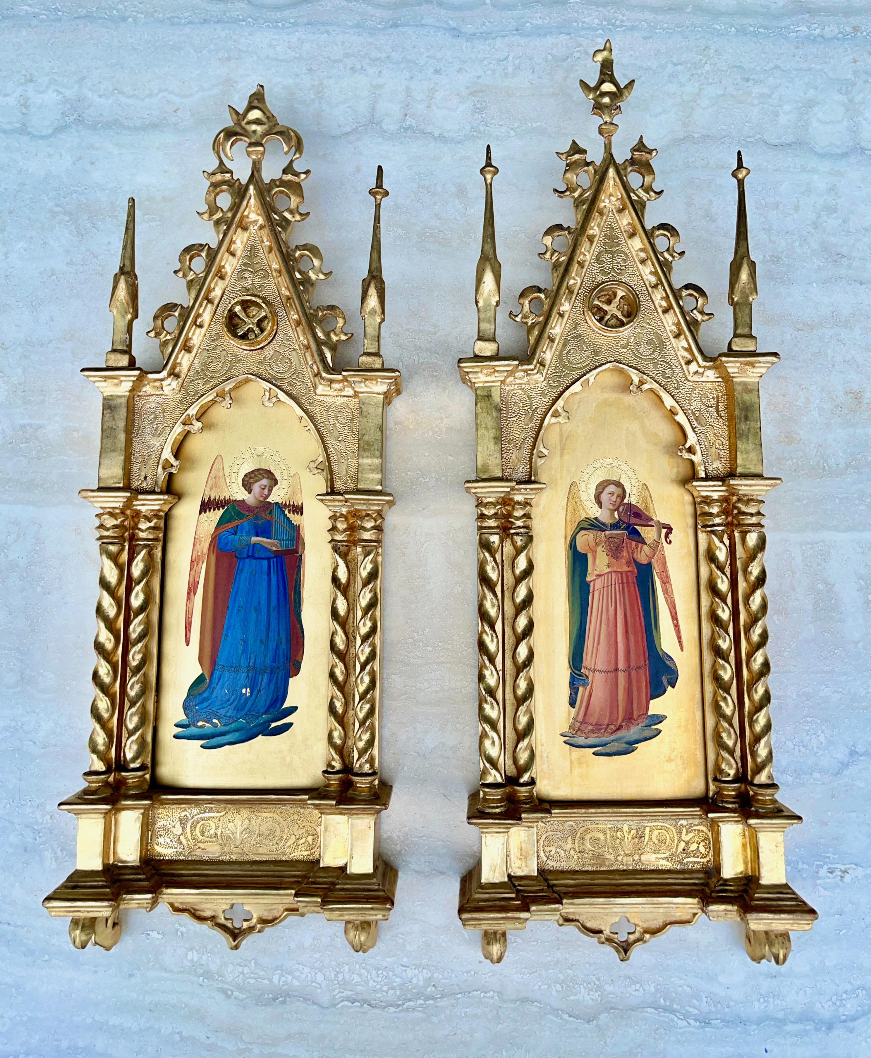 Two lovely 19th century paintings on board of Fra Angelico's angels from The Linaioli Tabernacle, 1433, where, when the tabernacle doors are open, can be seen in the arch surrounding the madonna and child, an ensemble of twelve angels playing