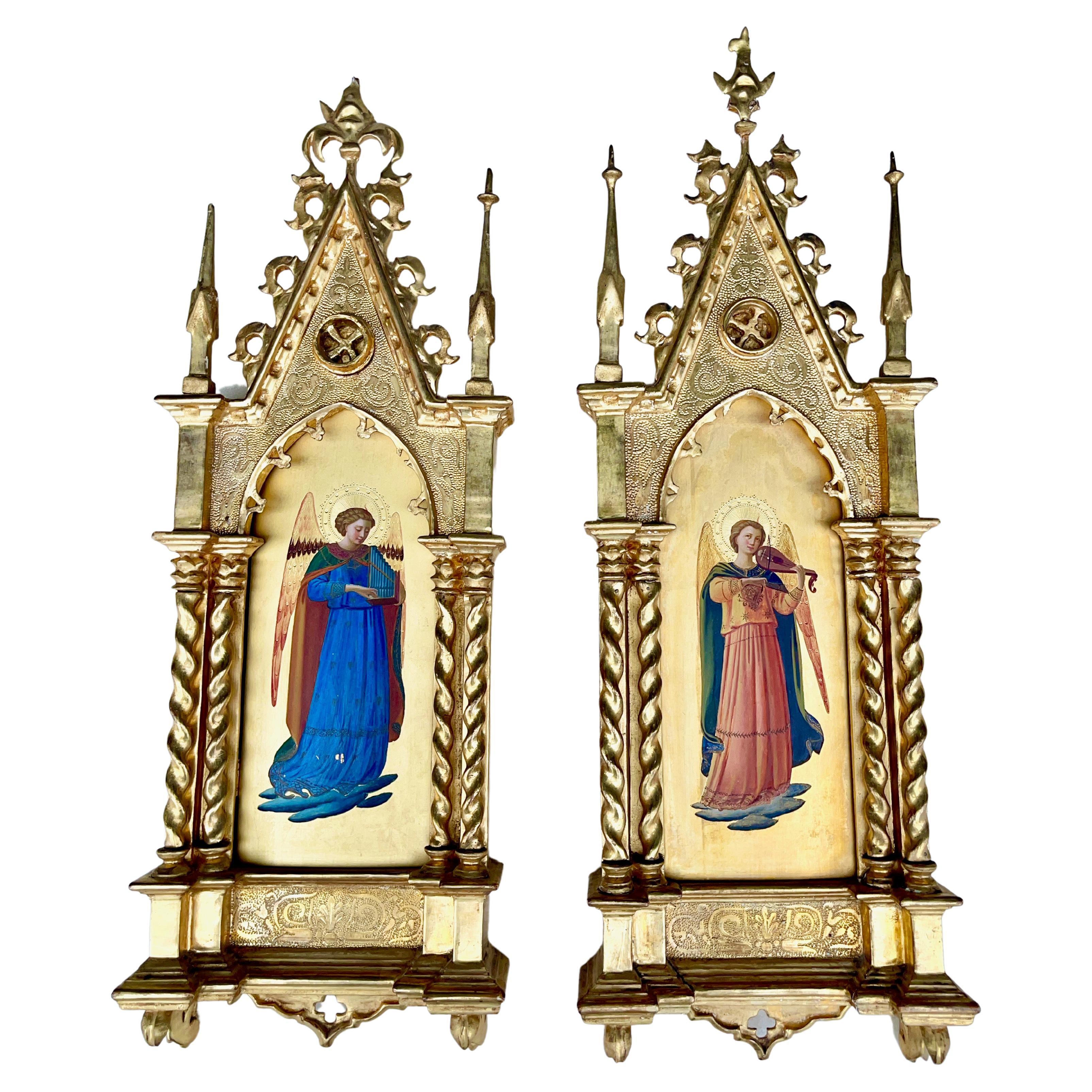 Two Gothic Angels in Giltwood Tabernacle Frames After Fra Angelico