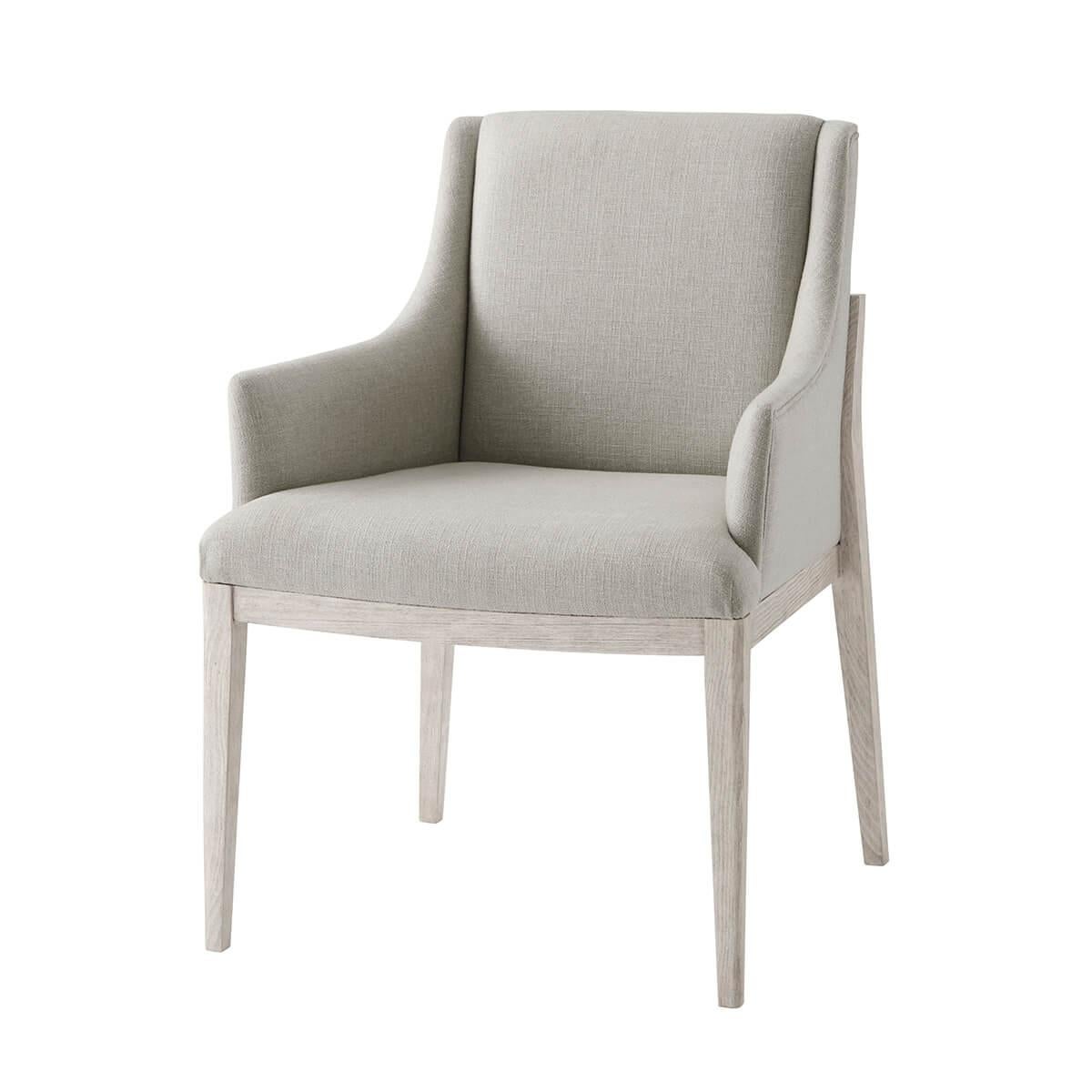 with a brushed beech frame in a light gowan finish, with a performance fabric upholstered backrest, seat and arms, raised on tapered legs.

Dimensions: 24.5