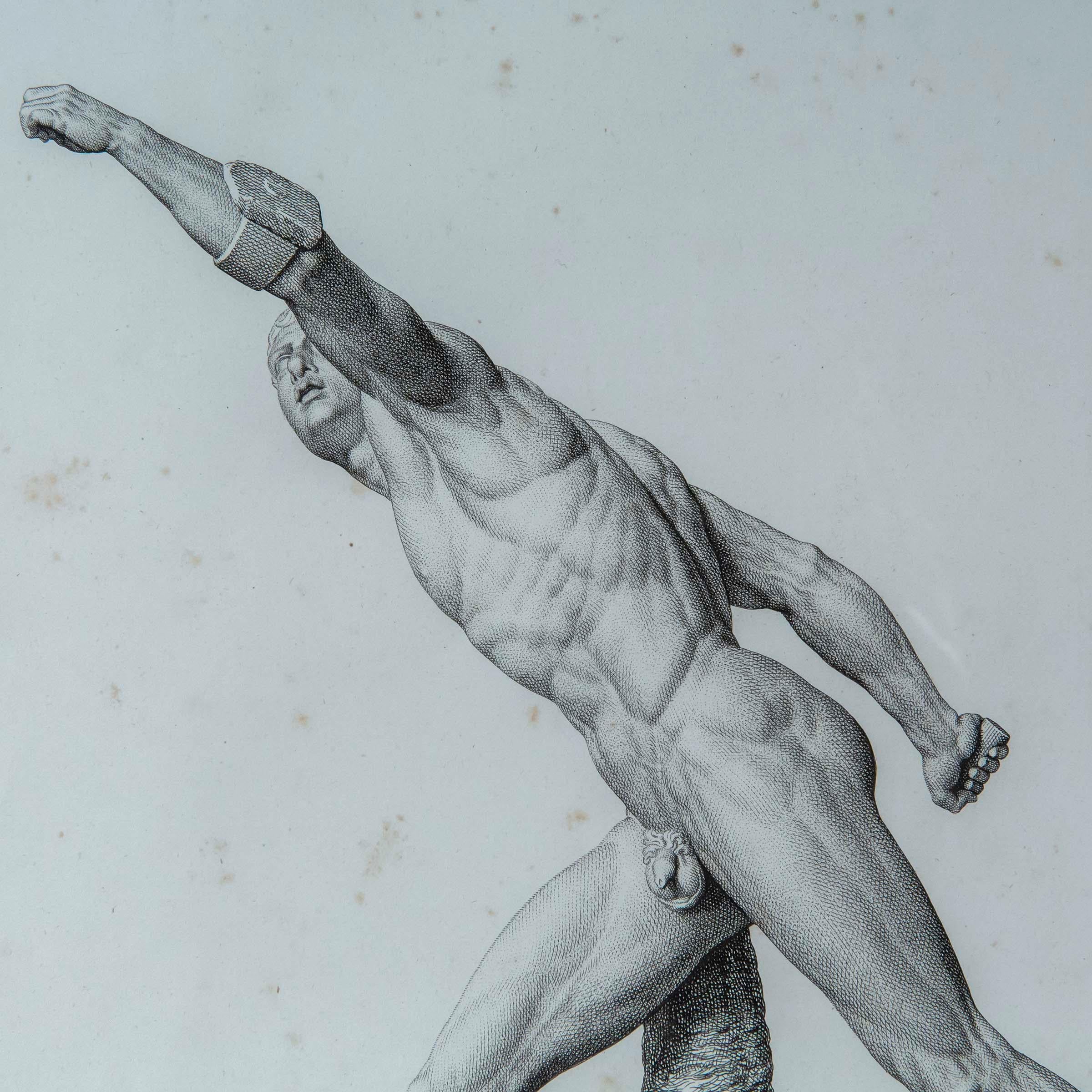 Deux exquises et rares gravures de sculptures antiques par Pierre Bouillon (1776-1831), tirées de son livre Musée des antiques, publié à Paris entre 1811 et 1827. Les deux planches, intitulées Gladiateur Borghese et Achille, représentent les statues