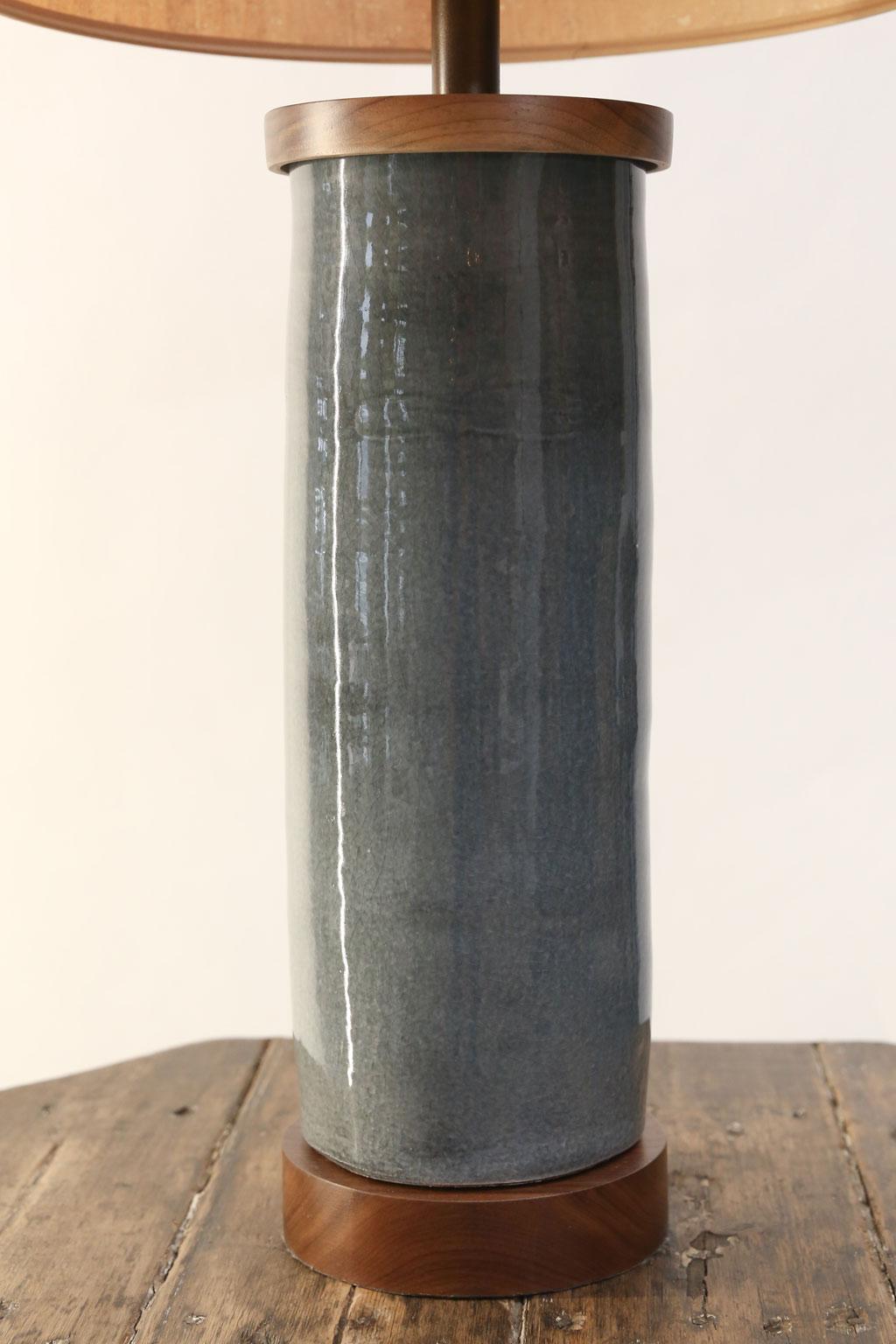 Hand-Crafted Two Dark Gray Ceramic Cylinder-Shape Lamps