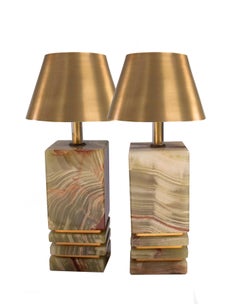 Two Green, Brown and Beige Onyx Table Lamps by Maison Pierre, 1960s Italy