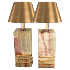 Two Green, Brown and Beige Onyx Table Lamps by Maison Pierre, 1960s Italy