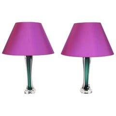 Two Green Glass & Crystal Table Lamps by Flygsfors