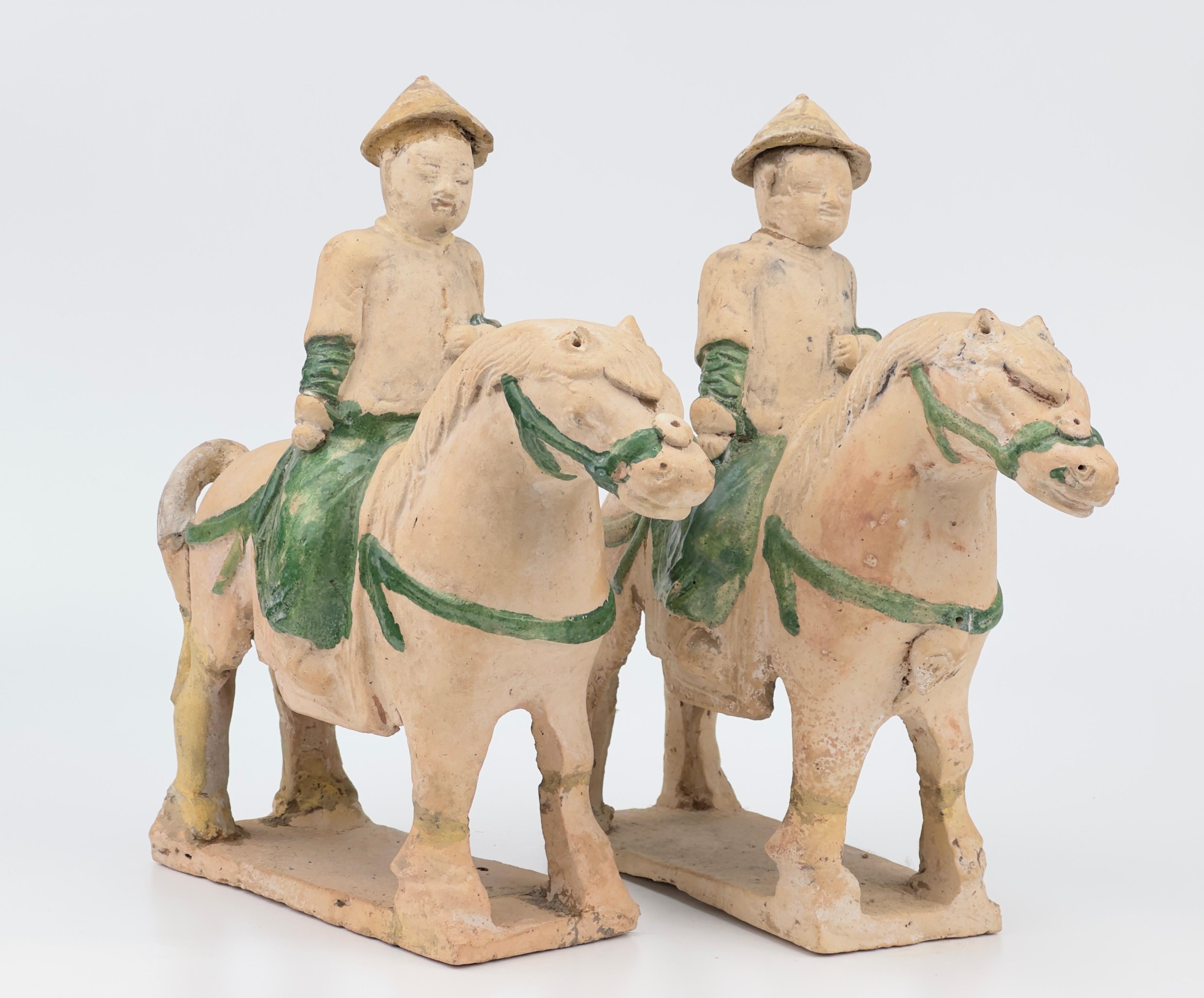 Chinese Two Green Glazed Horses and Riders, Ming period(15-16th Century) For Sale