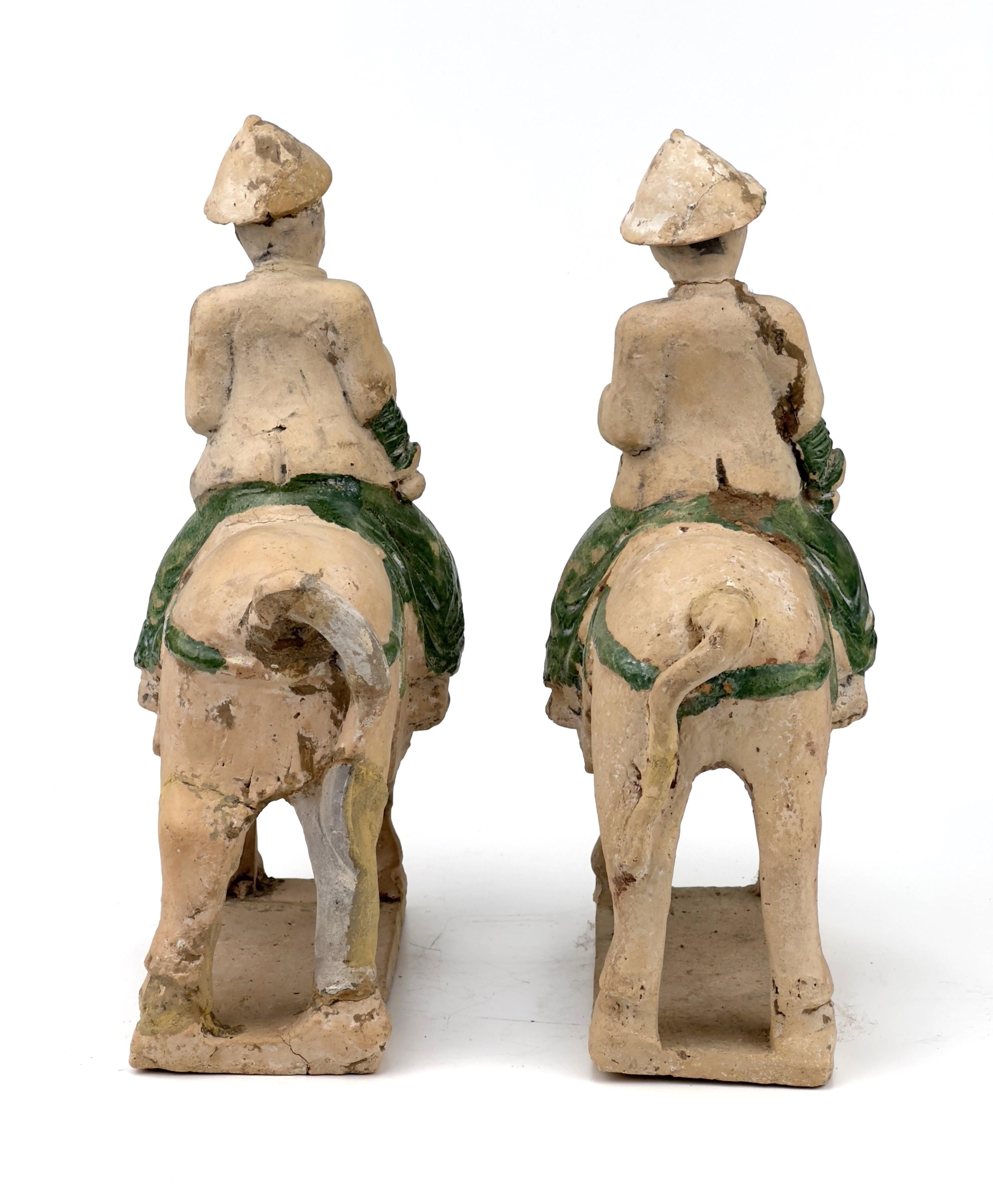 18th Century and Earlier Two Green Glazed Horses and Riders, Ming period(15-16th Century) For Sale