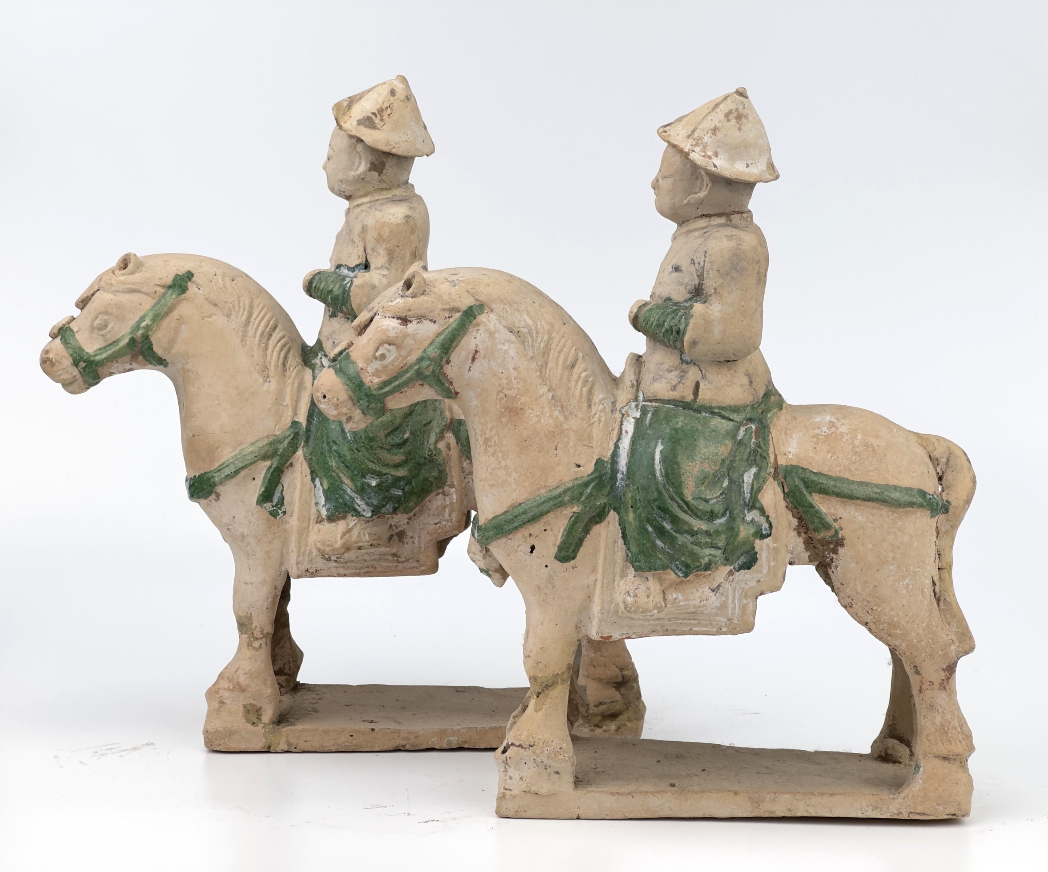 Pottery Two Green Glazed Horses and Riders, Ming period(15-16th Century) For Sale