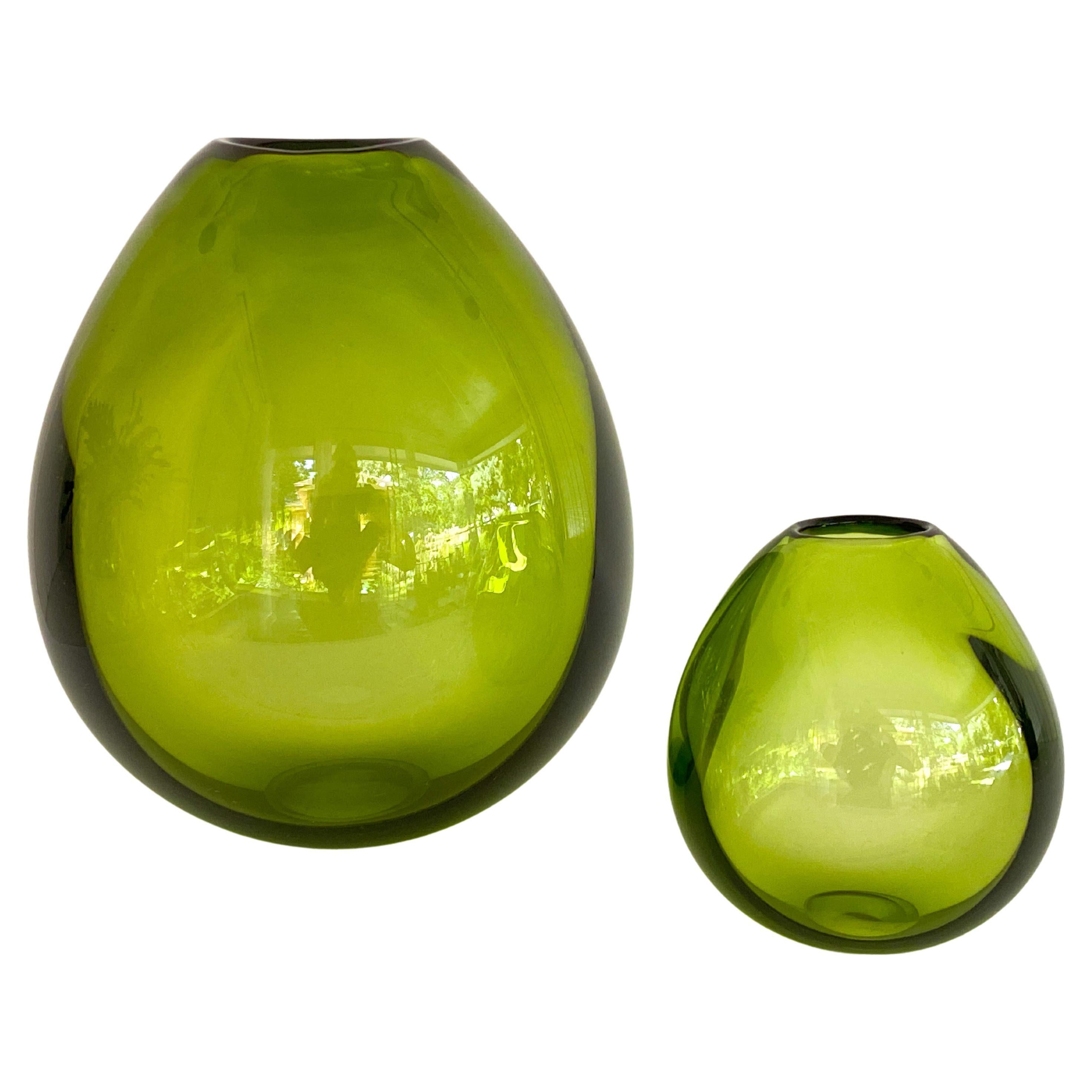 Two Green Holmegaard "Drop Vase" Vases, Designed by Per Lütken For Sale