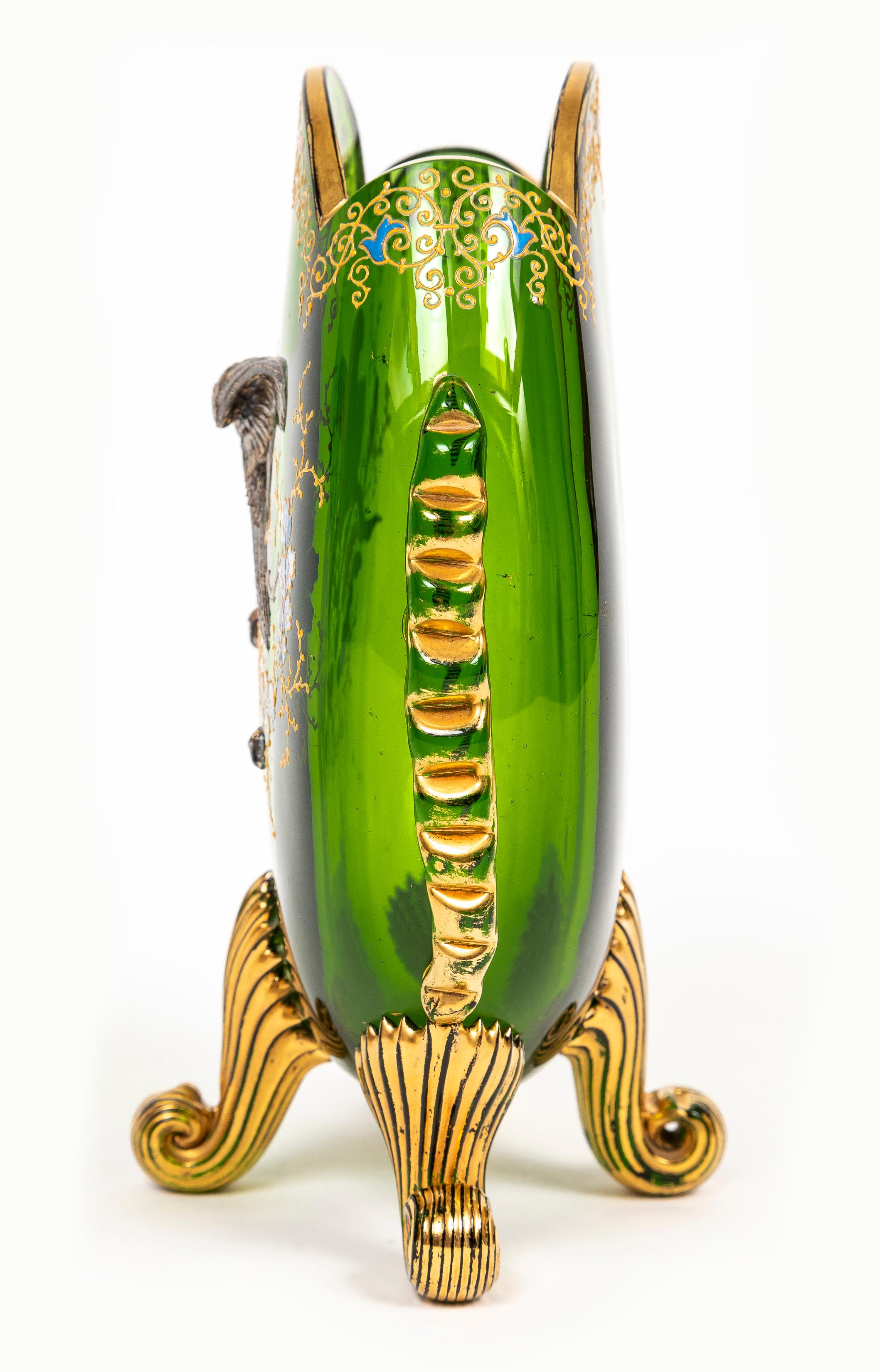 Two Green Moser Crystal Pillow Vases w/ Applied Raised Enamel Falcons and Acorns en vente 2