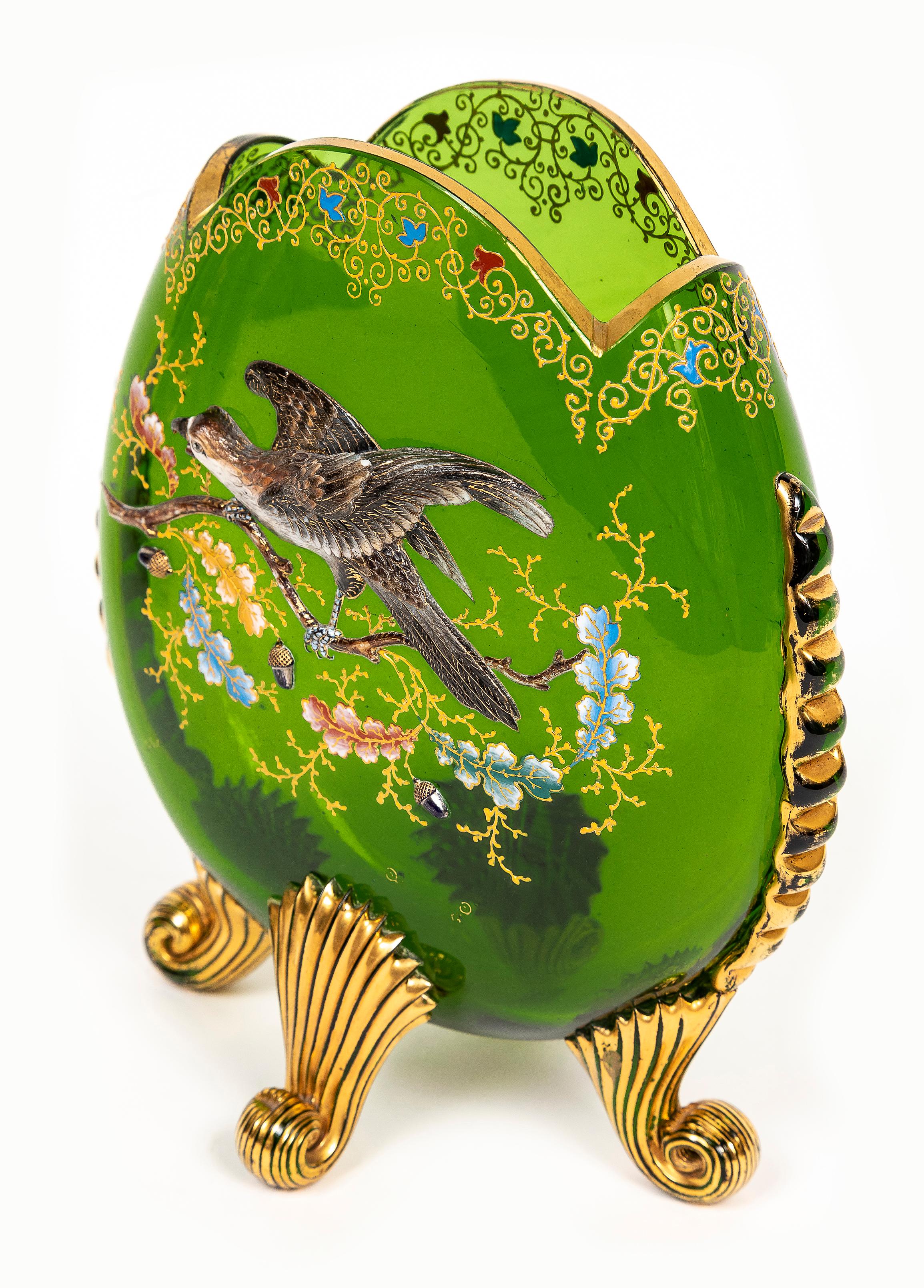 Two Green Moser Crystal Pillow Vases w/ Applied Raised Enamel Falcons and Acorns en vente 3