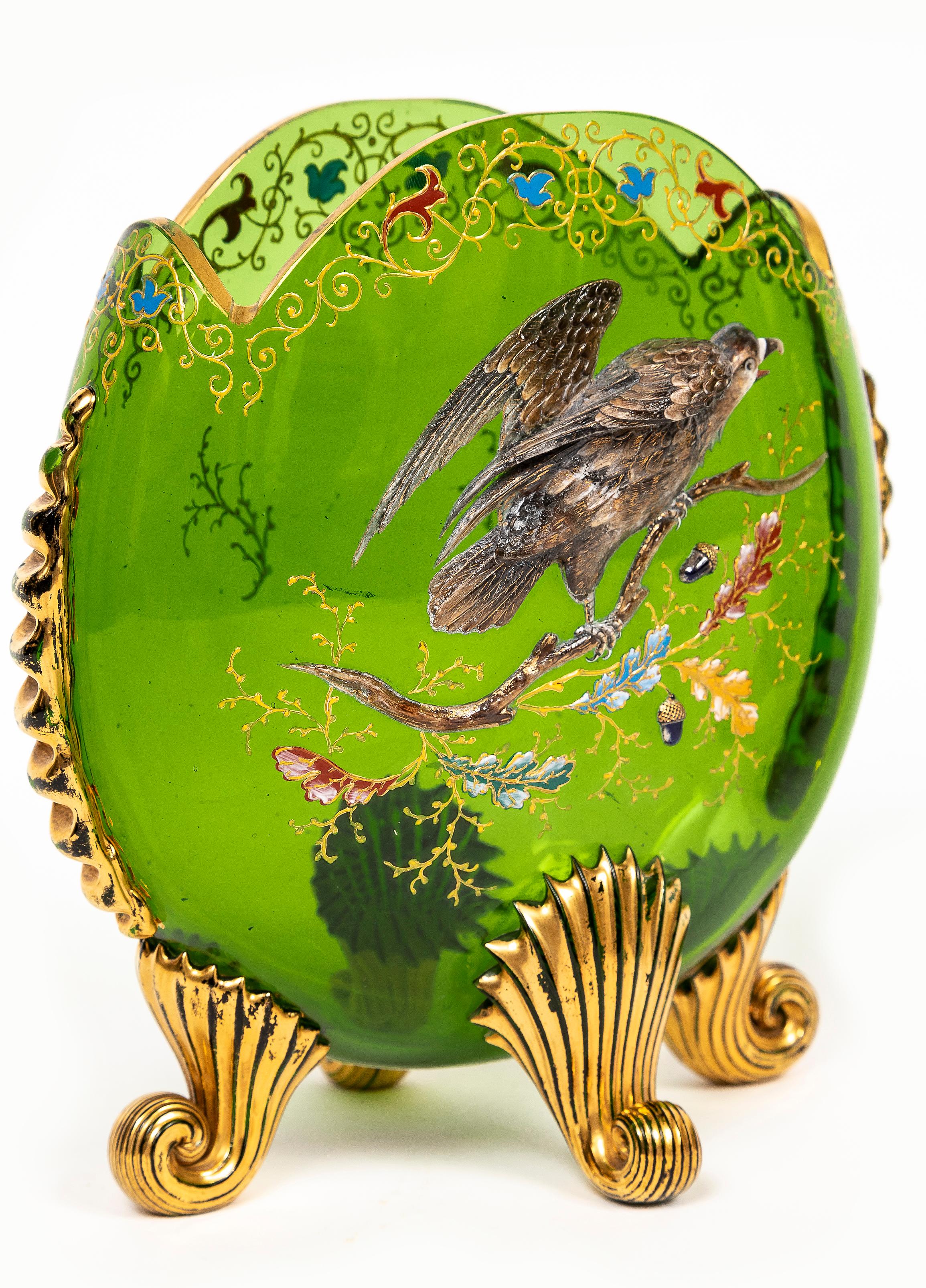 Two Green Moser Crystal Pillow Vases w/ Applied Raised Enamel Falcons and Acorns en vente 4